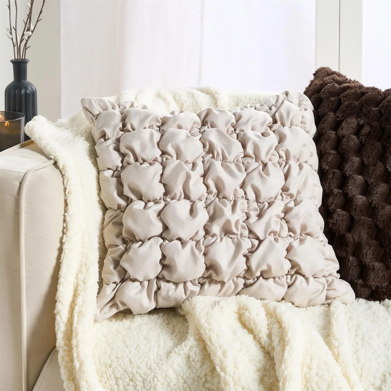 OHS 2 x Filled Seersucker Quilted Square Cushion Covers in Natural