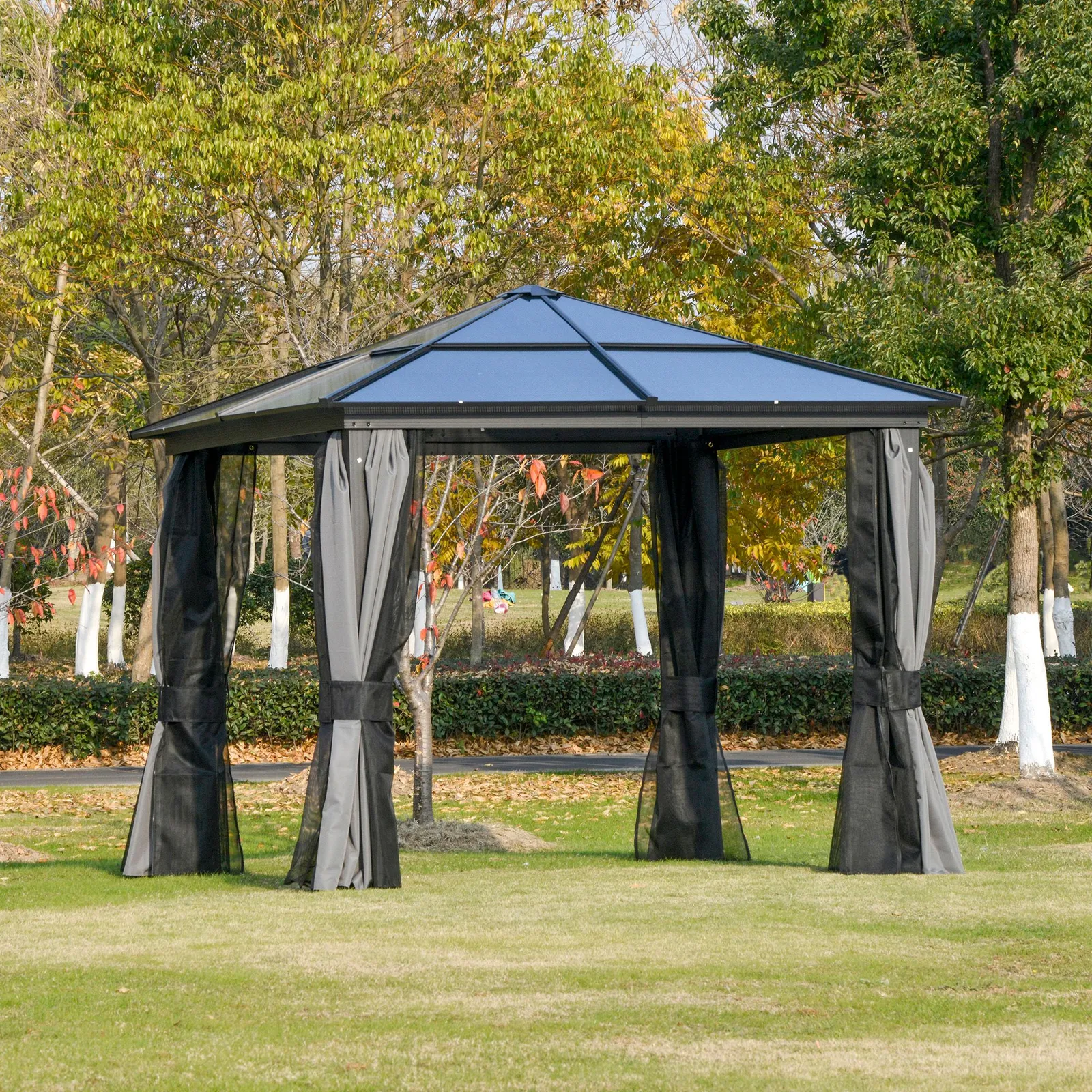 OUTSUNNY Hardtop Gazebo Canopy with Mosquito Netting & Curtains in Grey