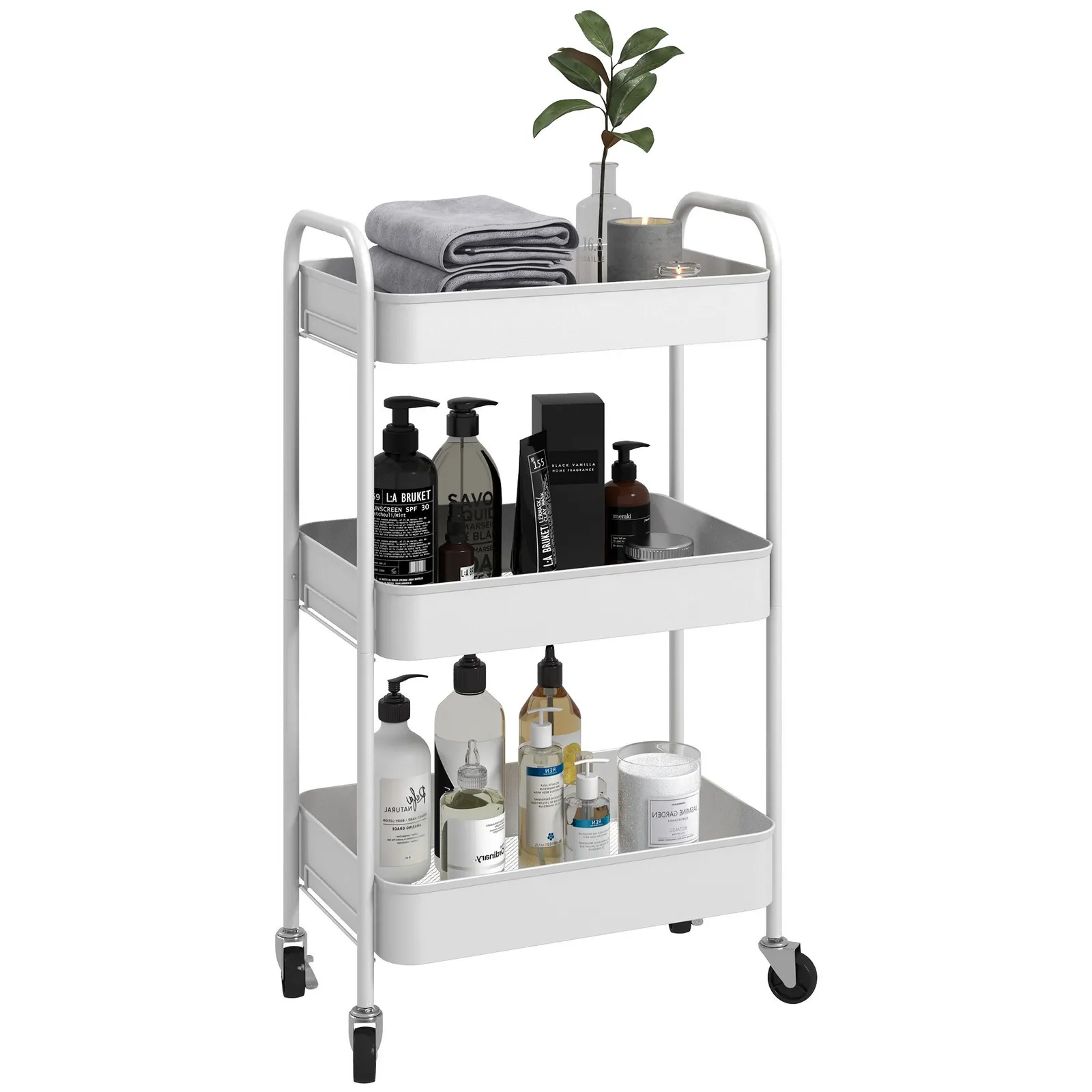 HOMCOM 3 Tier Rolling Utility Cart with 3 Mesh Basket, White 2