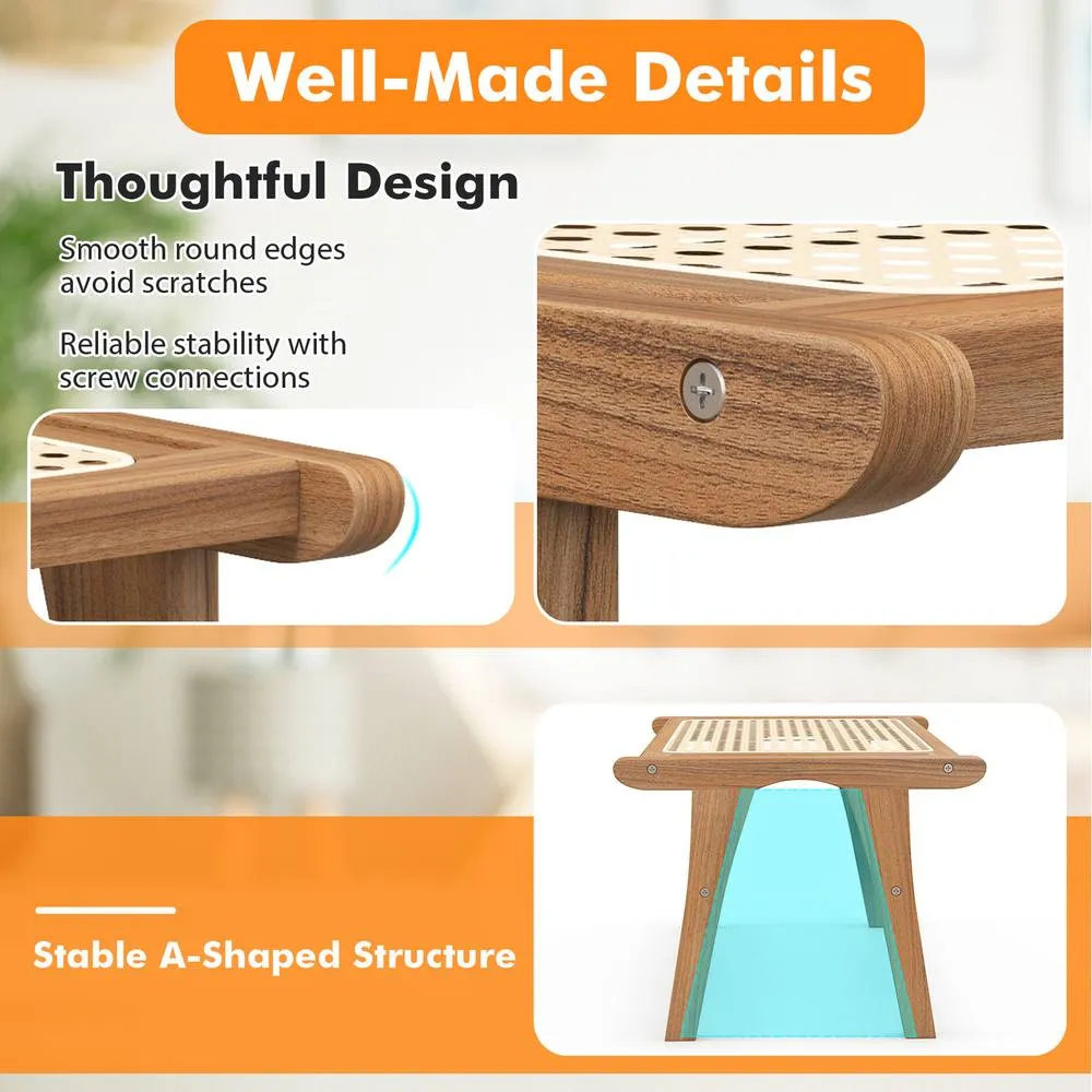 Costway Ottoman Footstool Natural Teak Wooden Foot Rest-Natural 5