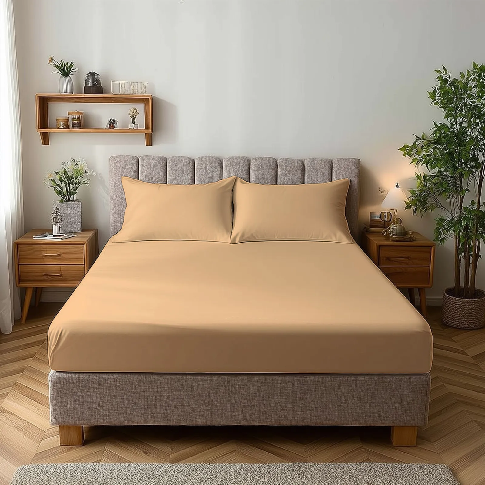 Snug City Microfibre Soft Touch Fitted Sheet 25cm Skirt Plain Dyed Bed Linen in Beige