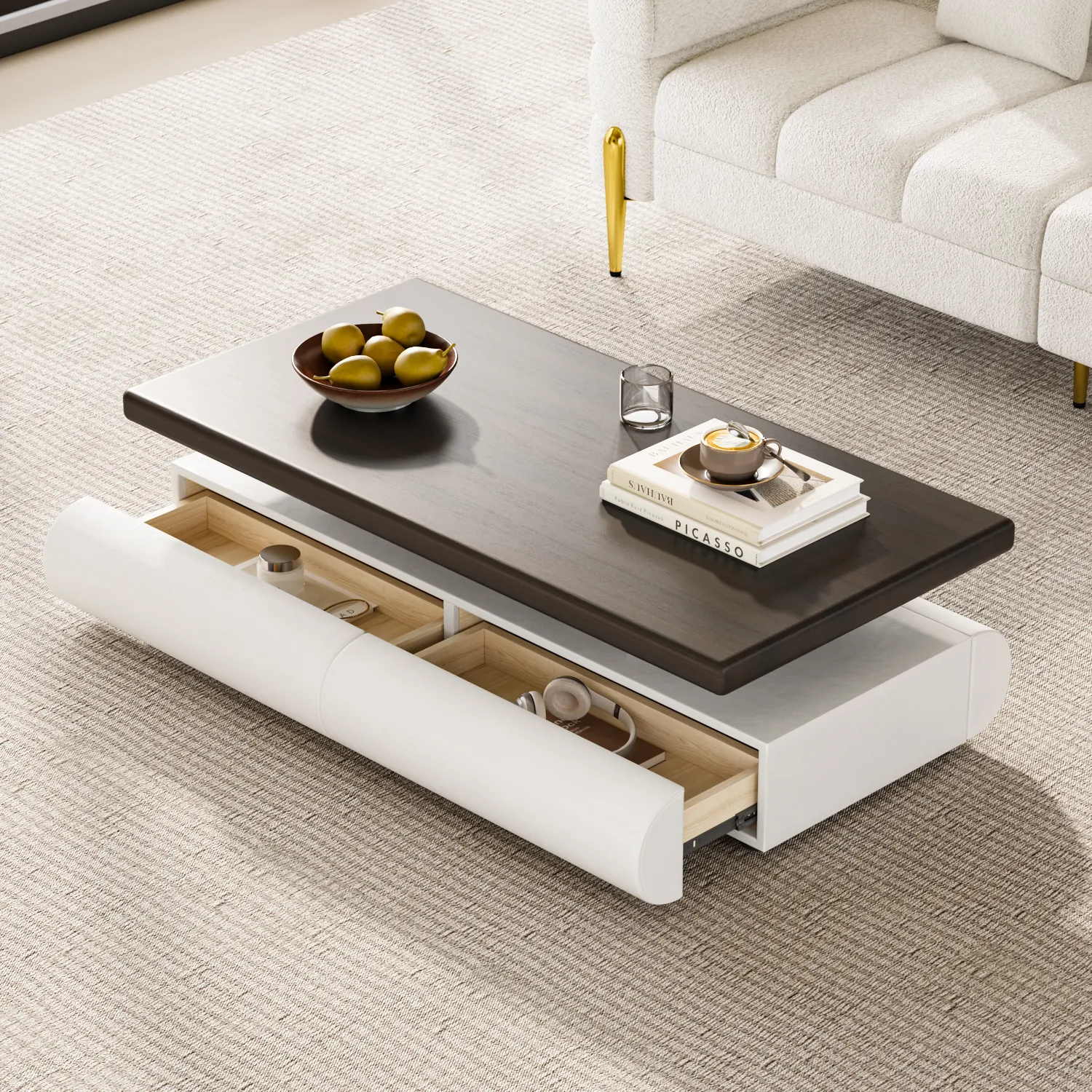 Modern wooden coffee table in white and walnut color, rectangular living room table with storage space