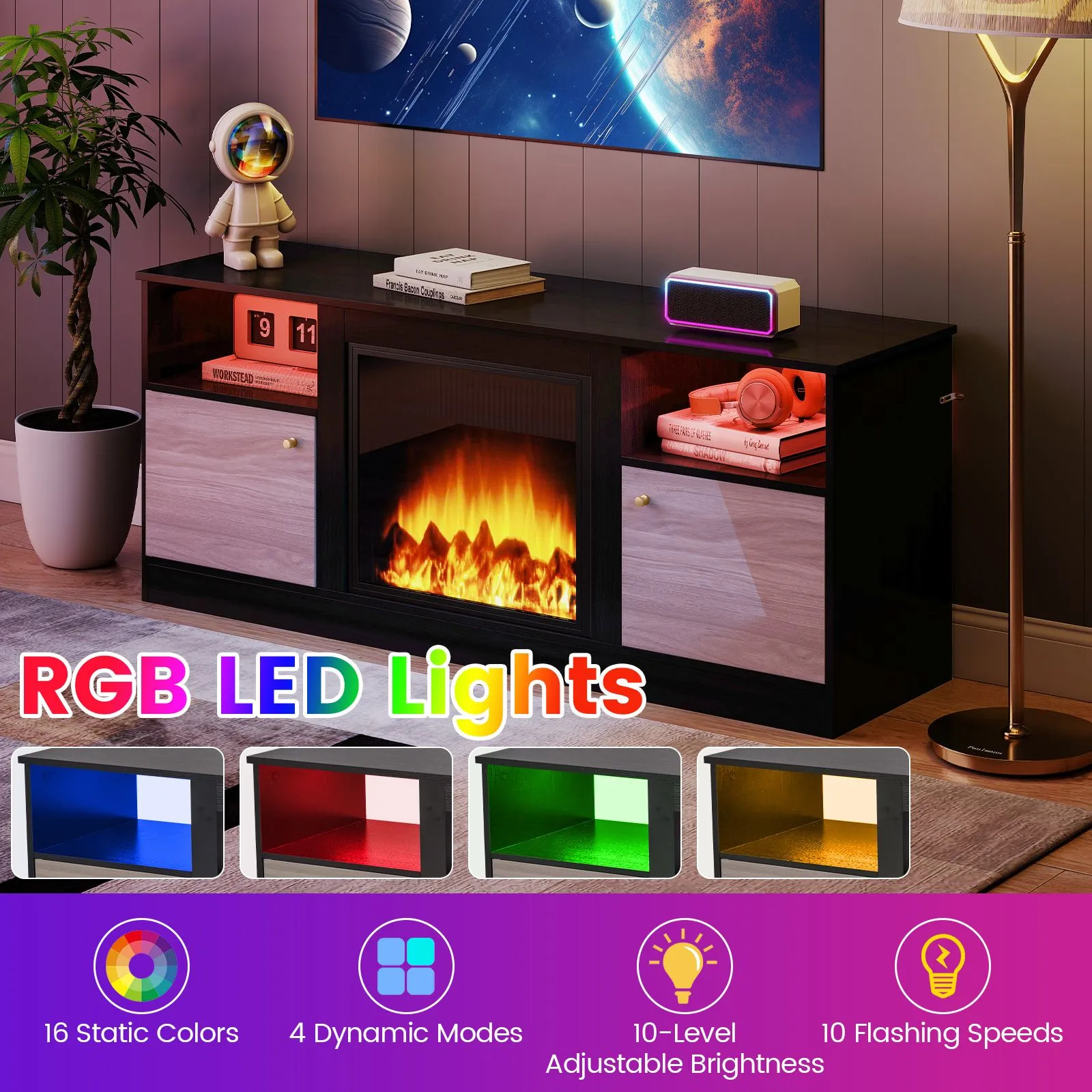 Costway Entertainment Center TV Stand w/ LED Lights for 65" TVs in Black 4