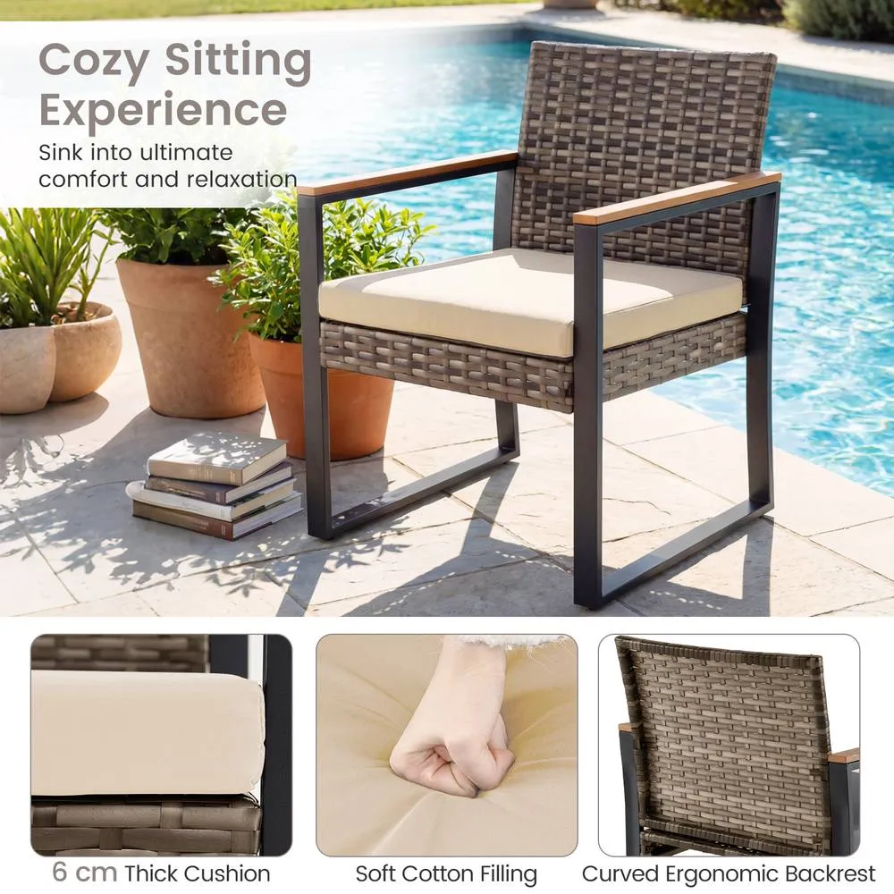 Costway 3PCS PE Wicker Patio Conversation Set Bistro Set w/Cushion &Side Table in Beige 6