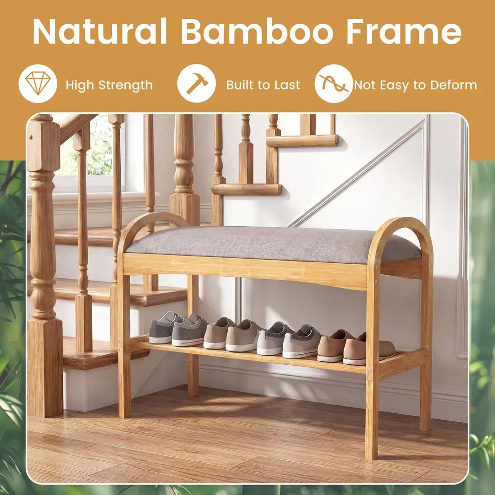 Costway Entryway 2-Tier Shoe Rack Bamboo Shoe Bench in Grey 4