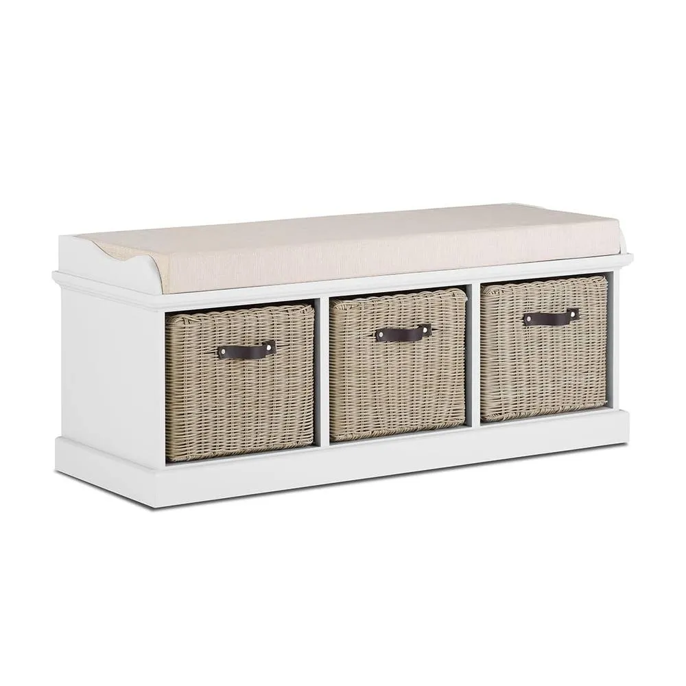 Statement Furniture Tetbury Bench with 3 Brown Faux Rattan Baskets & Cream Cushion in White 2