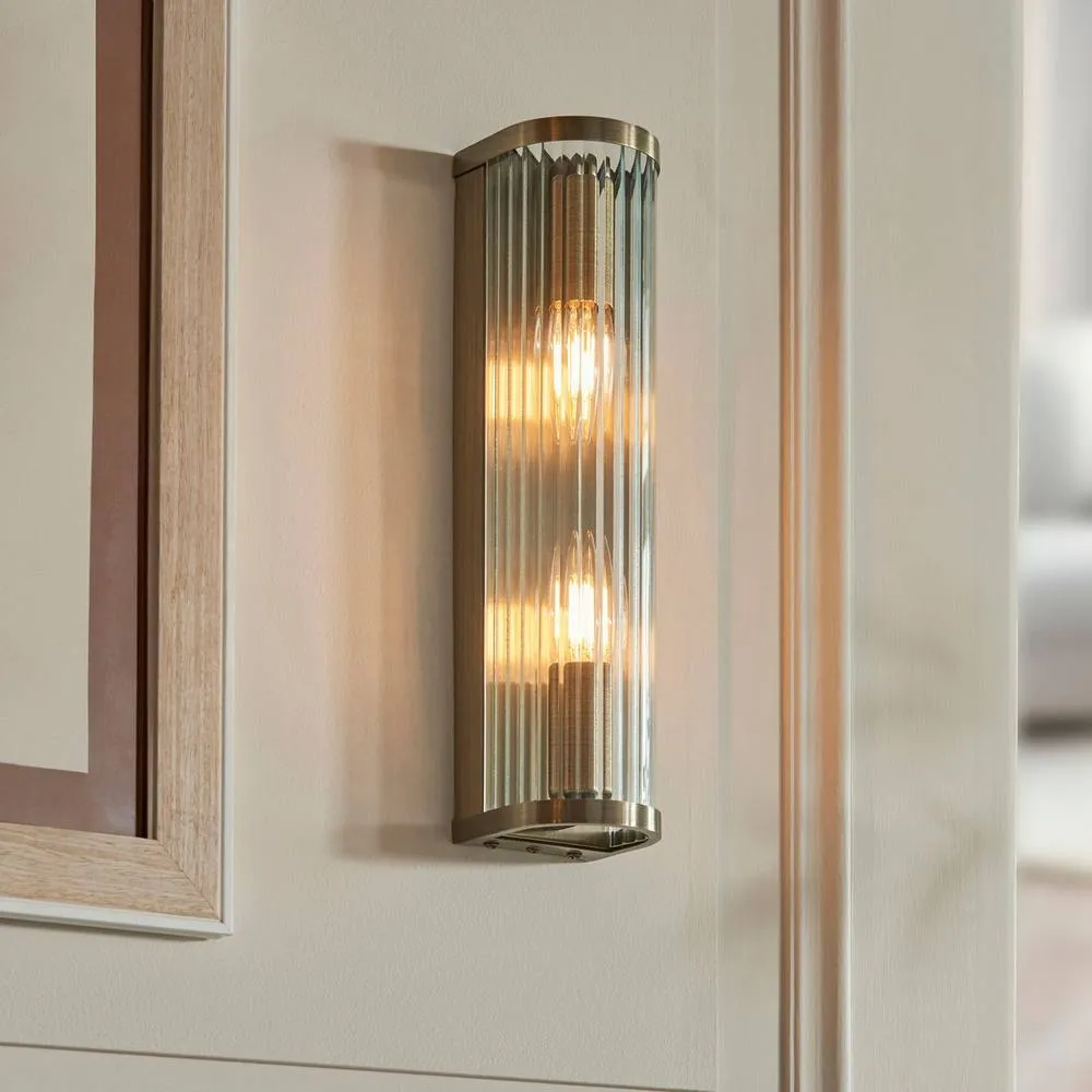 Netlighting Ridgeton Wall Lamp Antique Brass Plate & Clear Ribbed Glass 2x E14 in Gold 4
