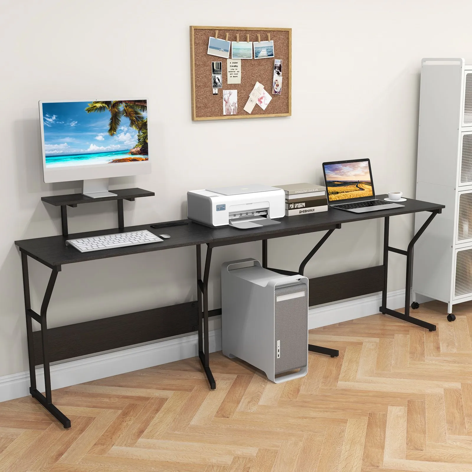 Costway L shaped Desk Long 2 Person Corner Computer Desk with Monitor Stand in Black 4