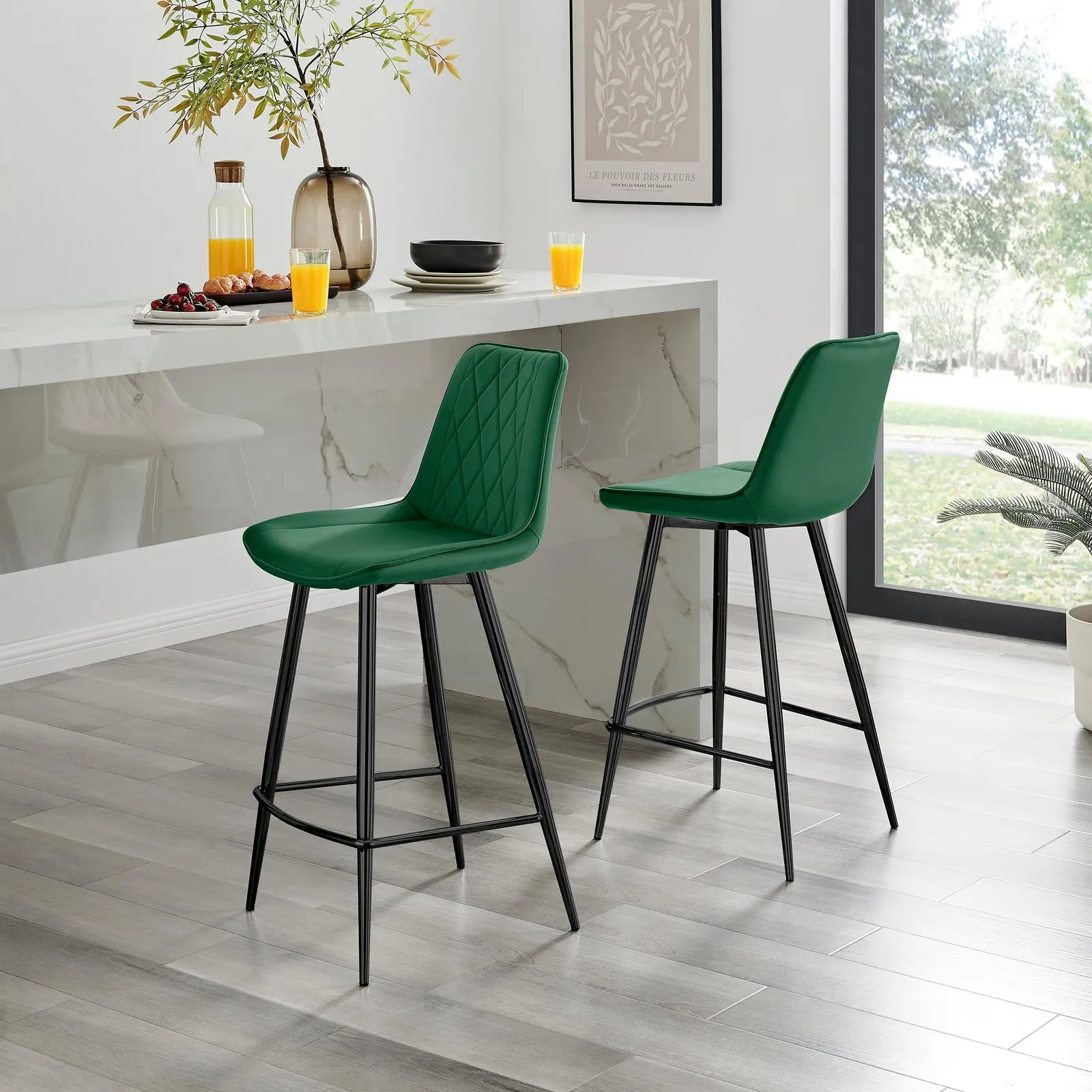 FurnitureboxUK Pesaro Set of 2 Velvet Black Legs Counter Stools in Green