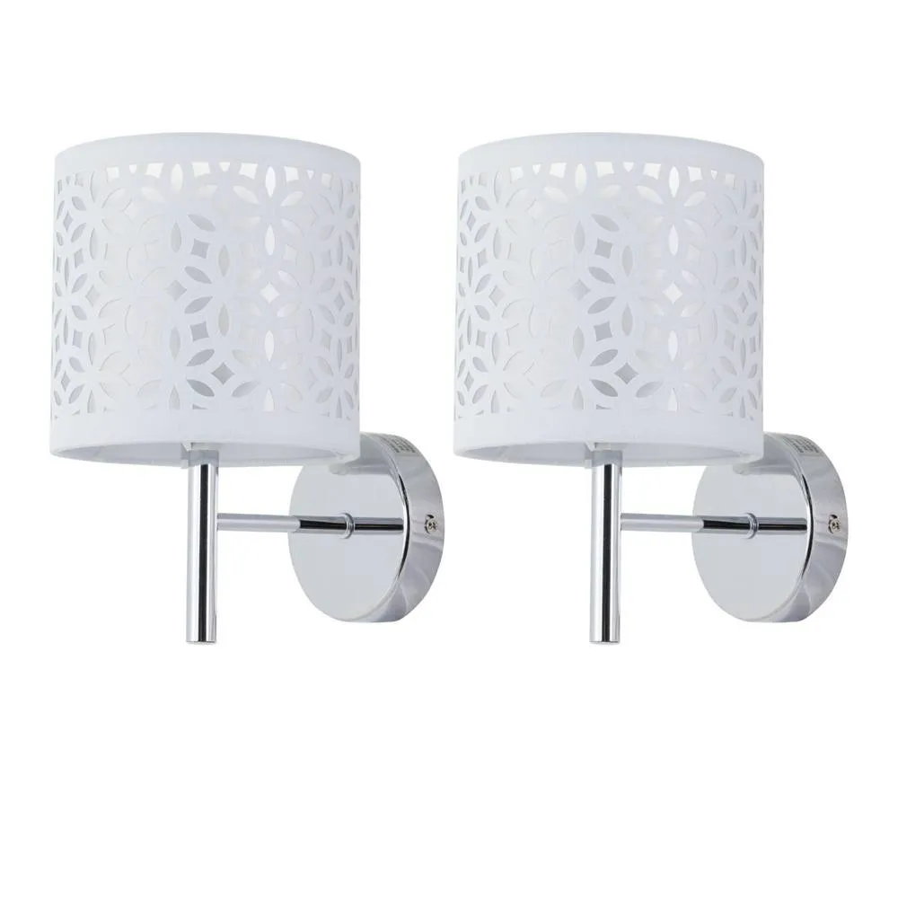 First Choice Lighting Set of 2 Brea - Chrome Wall Lights with White Cut Out Shade in Silver