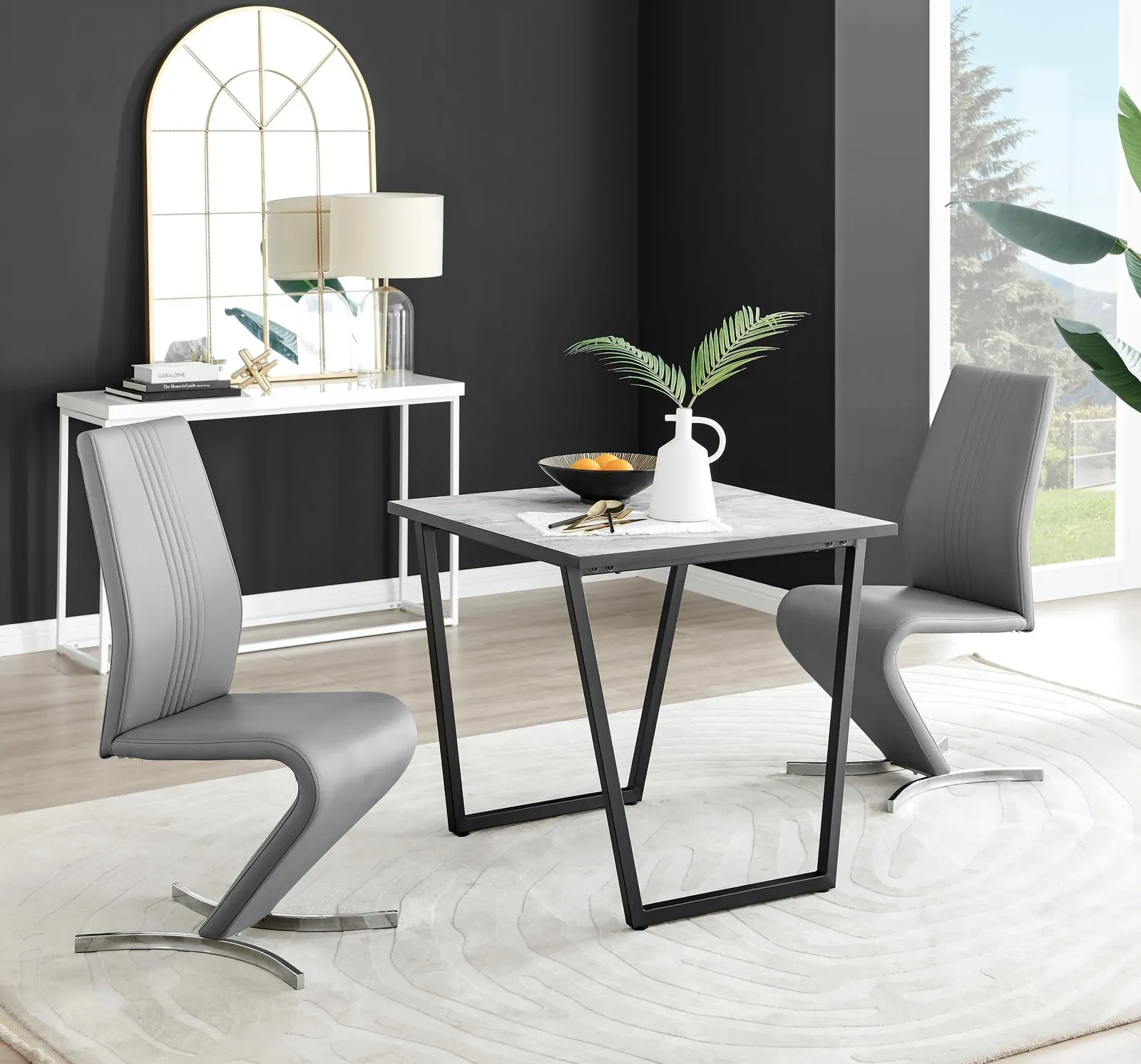 FurnitureboxUK Carson White Marble Effect Square Dining Table & 2 Faux Leather Willow Chairs in Grey 1