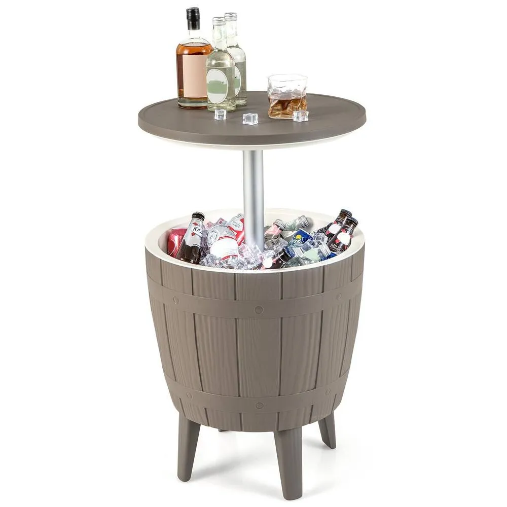 Costway 37L Cooler Bar Table Outdoor Cooler Side Table w/ Telescopic Tabletop in Brown
