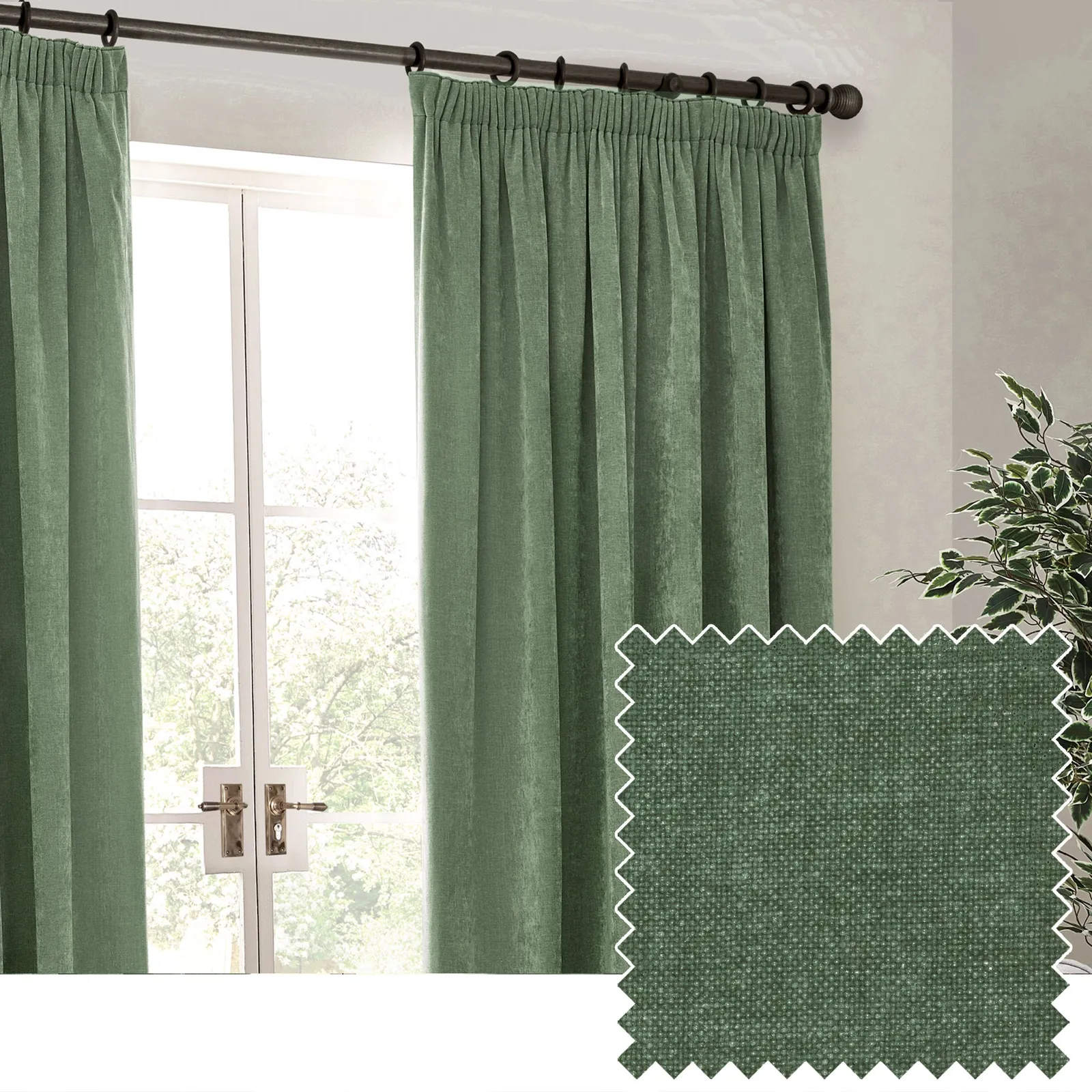 Yard Heavy Chenille Velvet Room Darkening Pencil Pleat Curtain Pair in Green 1