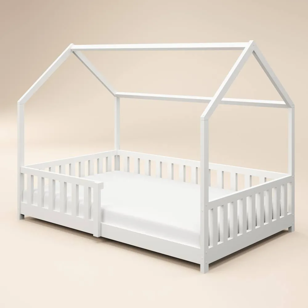 Flair Explorer Small Double Play House Floor Bed with Rails Wooden White 3