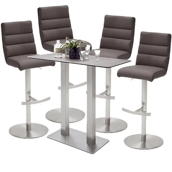 Soho Glass Bar Table With 4 Hiulia Brown Leather Stools