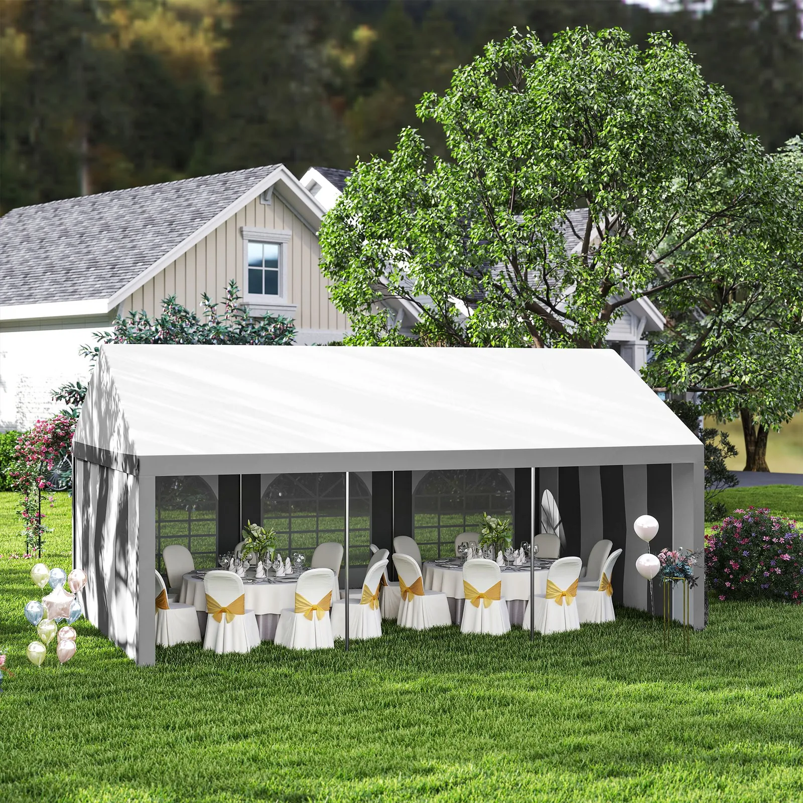 OUTSUNNY Party Tent, Marquee Gazebo with Sides, Windows & Double Doors in Grey