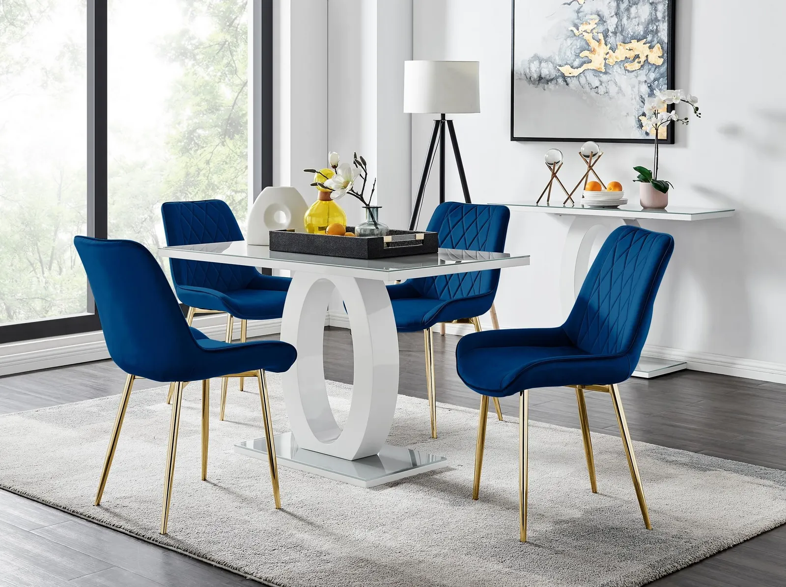 FurnitureboxUK Giovani 4 Grey Dining Table & 4 Pesaro Gold Leg Chairs in Navy 1