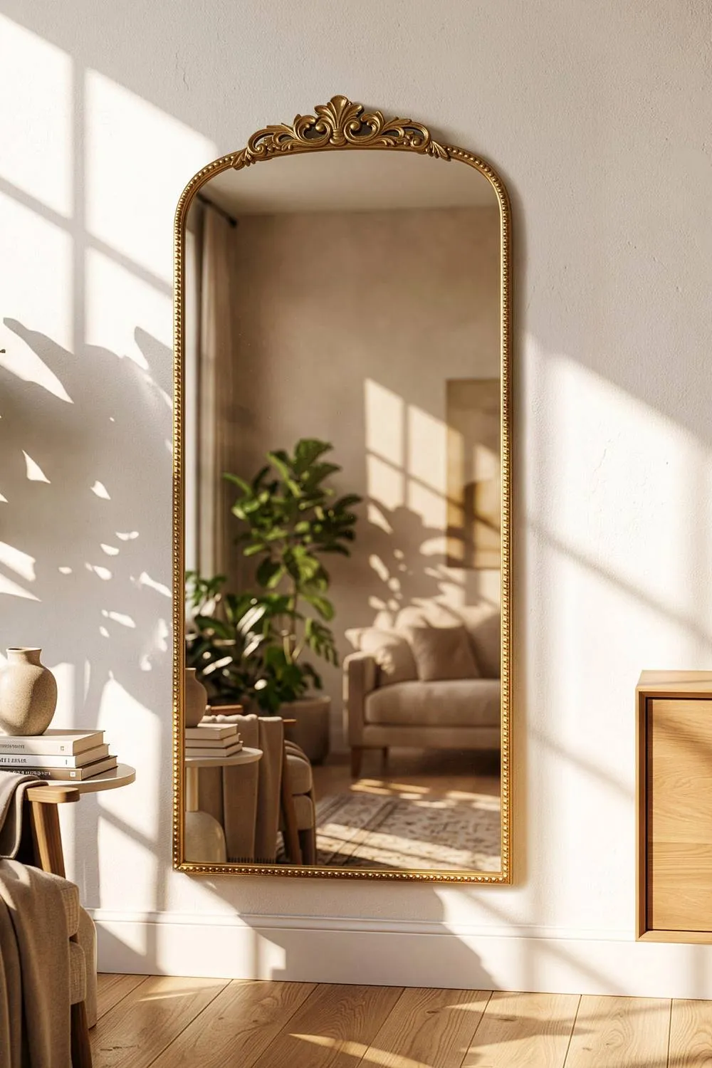 Dibor Tall Bronze Effect Floral Crest Wall Mirror, 142cm x 54cm in Gold