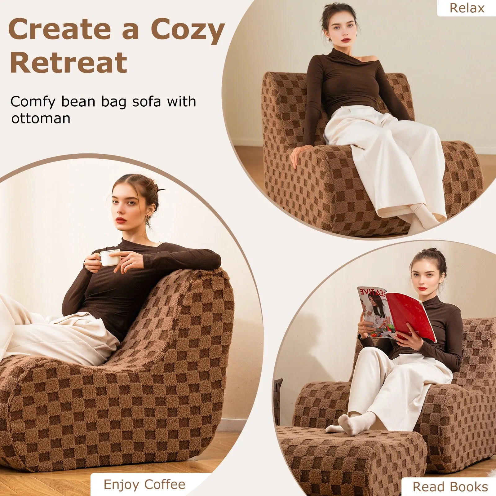 Costway Accent Bean Bag Chair w/ Ottoman Lazy Sofa Chair Set w/ Washable Cover in Brown 6