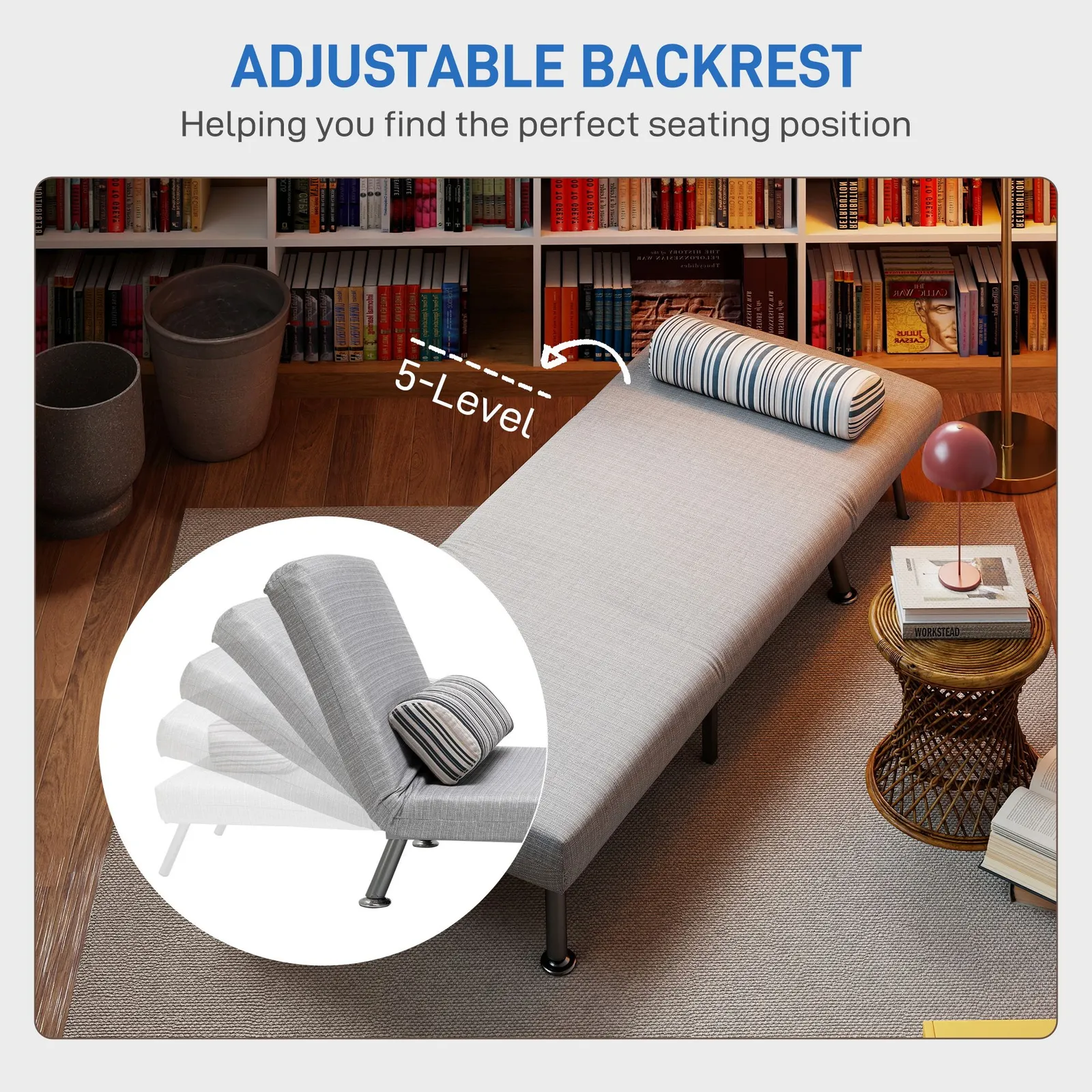 HOMCOM Single Folding 5 Position Convertible Sleeper Chair Sofa Bed in Light Grey 5