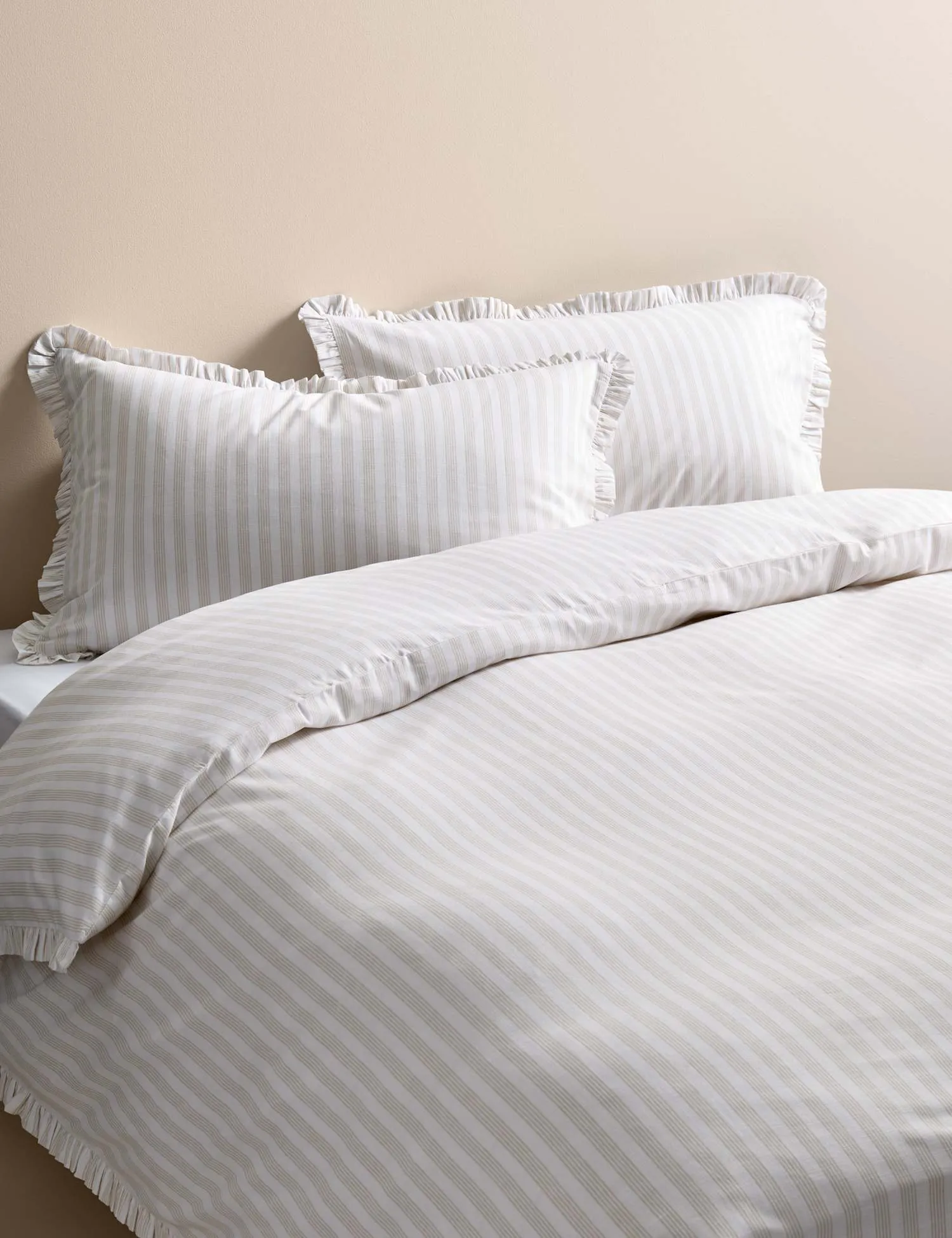 M&S Pure Cotton Narrow Stripe Ruffle Bedding Set Natural Mix