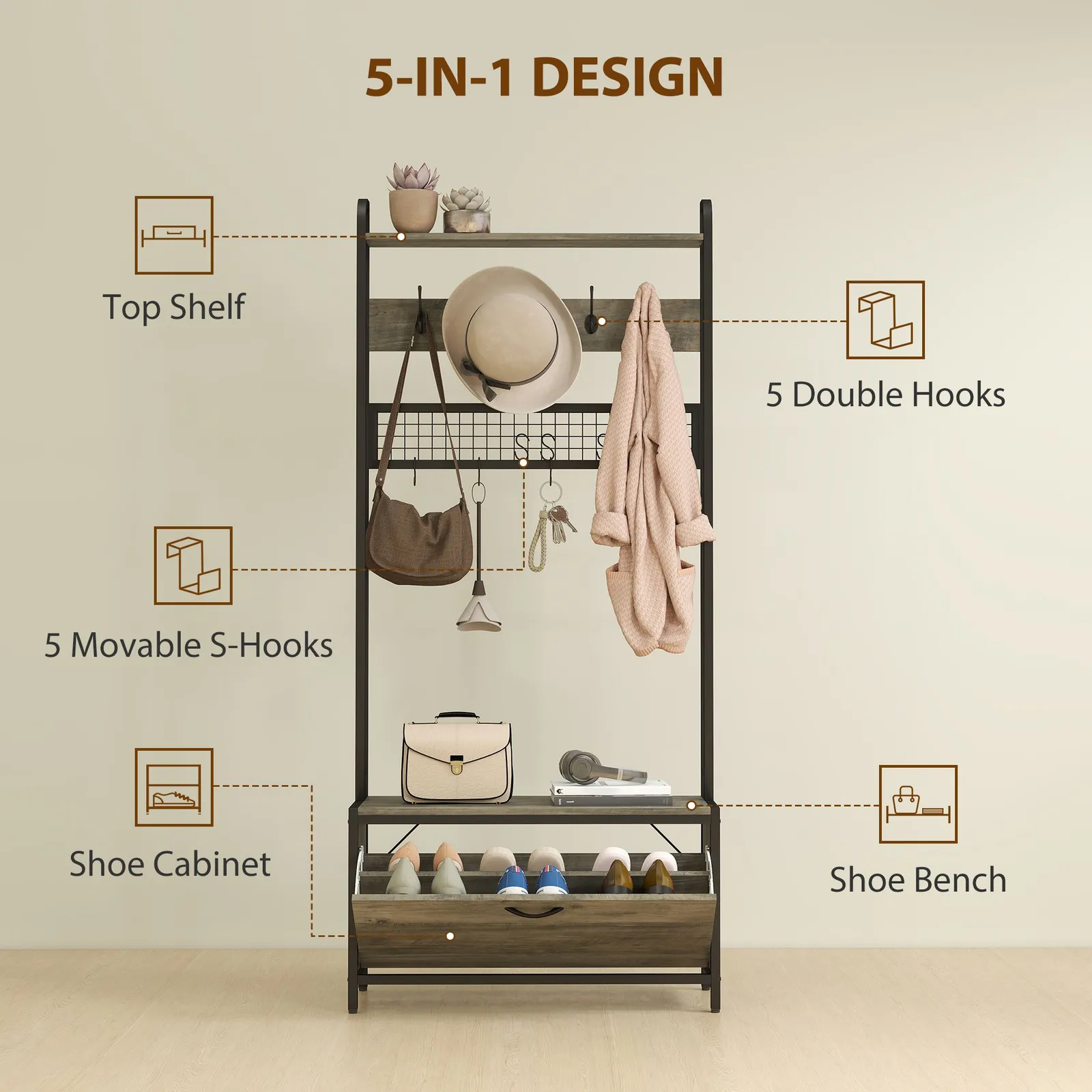 HOMCOM Industrial Hall Tree Coat Rack Stand with Shoe Cabinet in Grey 4