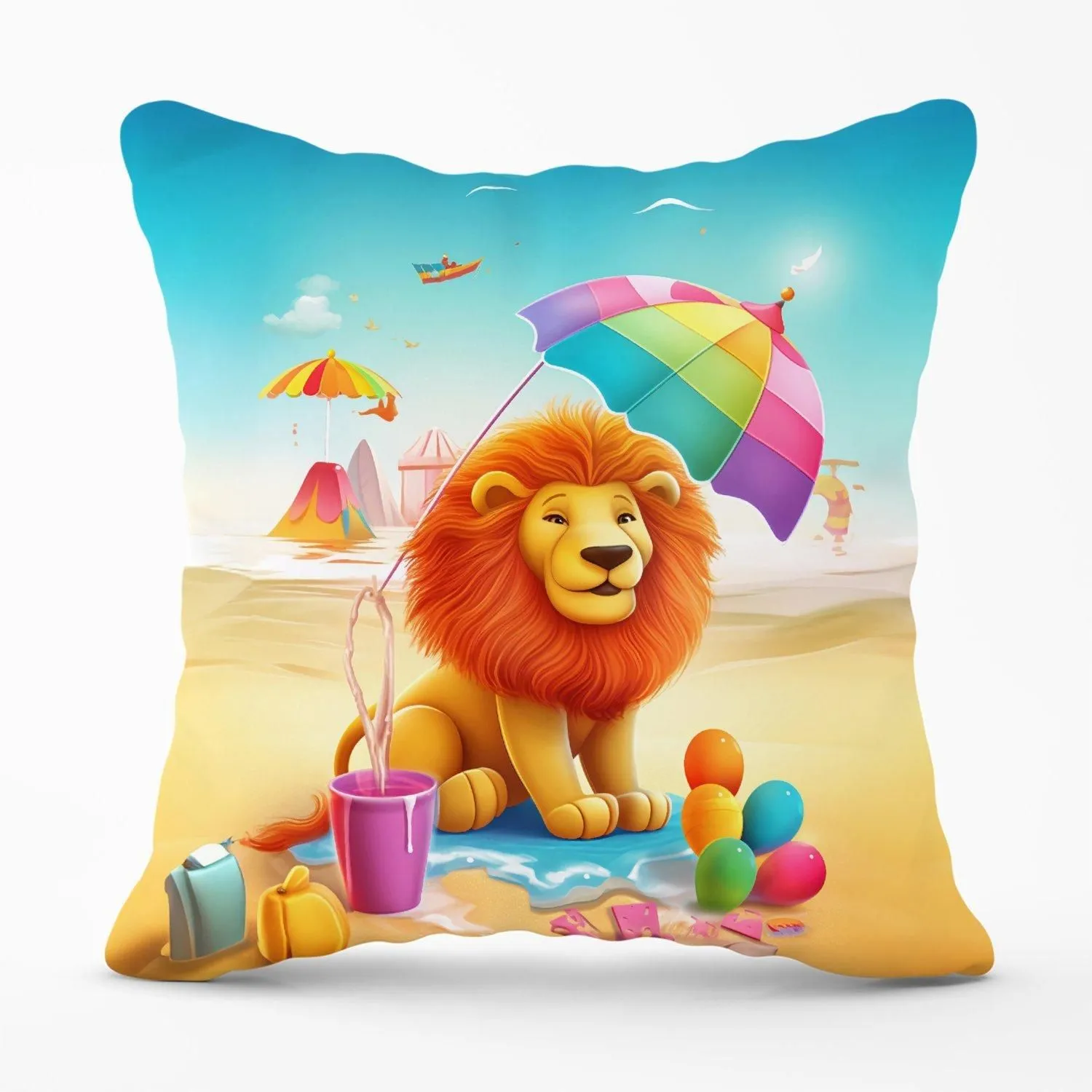 Warren Reed - Designer Lion On A Beach Holiday Outdoor Cushion in Yellow