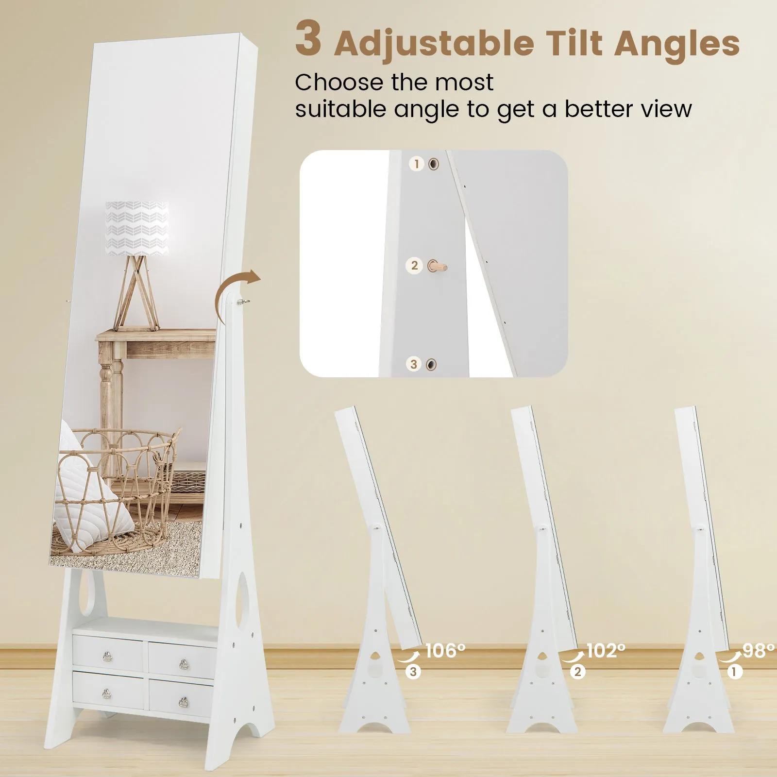 Costway Jewelry Cabinet 3-color LED Lighted Jewelry Organizer Armoire in White 4