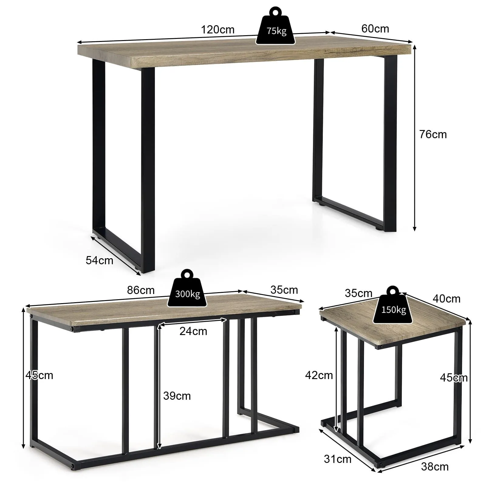Costway 4PCS Industrial Dining Table & Chair Set Kitchen Furniture Table Bench 2 Stools in Grey 2