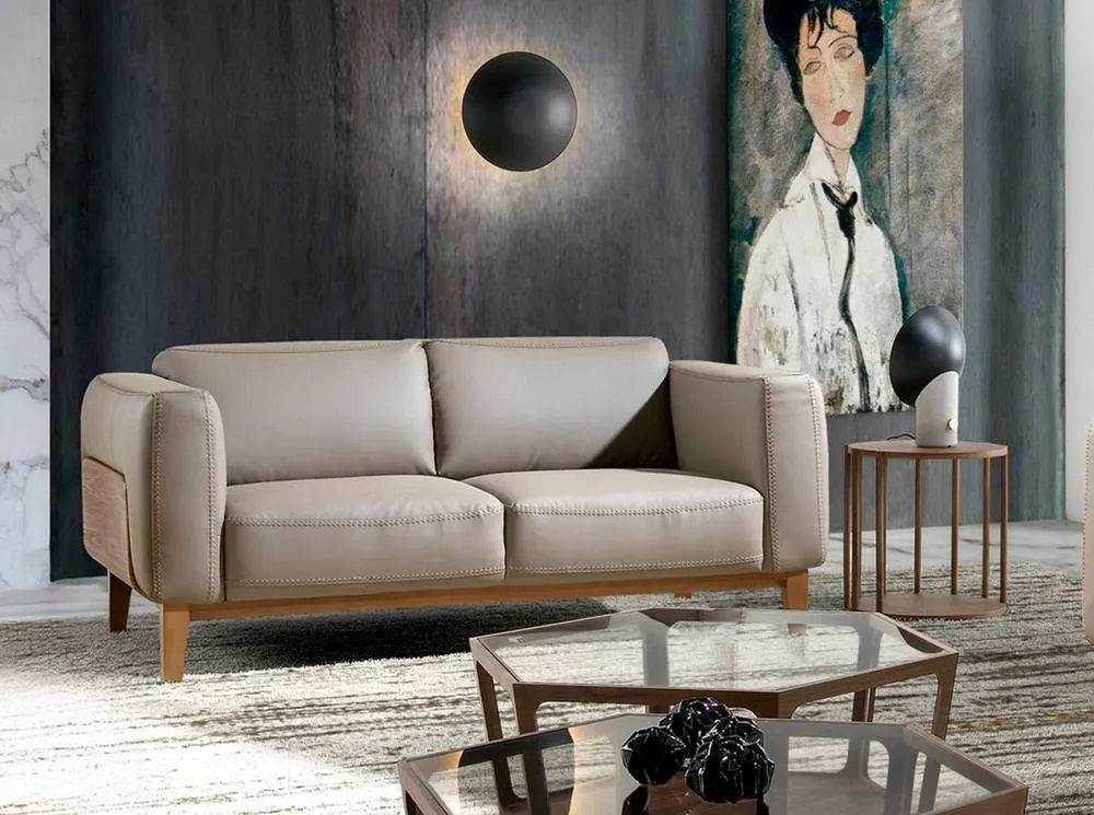 Angel Cerda Mink Cowhide Leather 2-Seater Sofa with Walnut Legs in Taupe 3