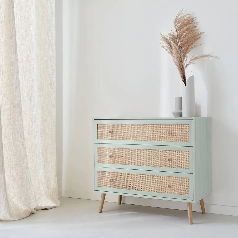 sweeek 3-drawer Chest With Wood & Cane Effect in Pale Green