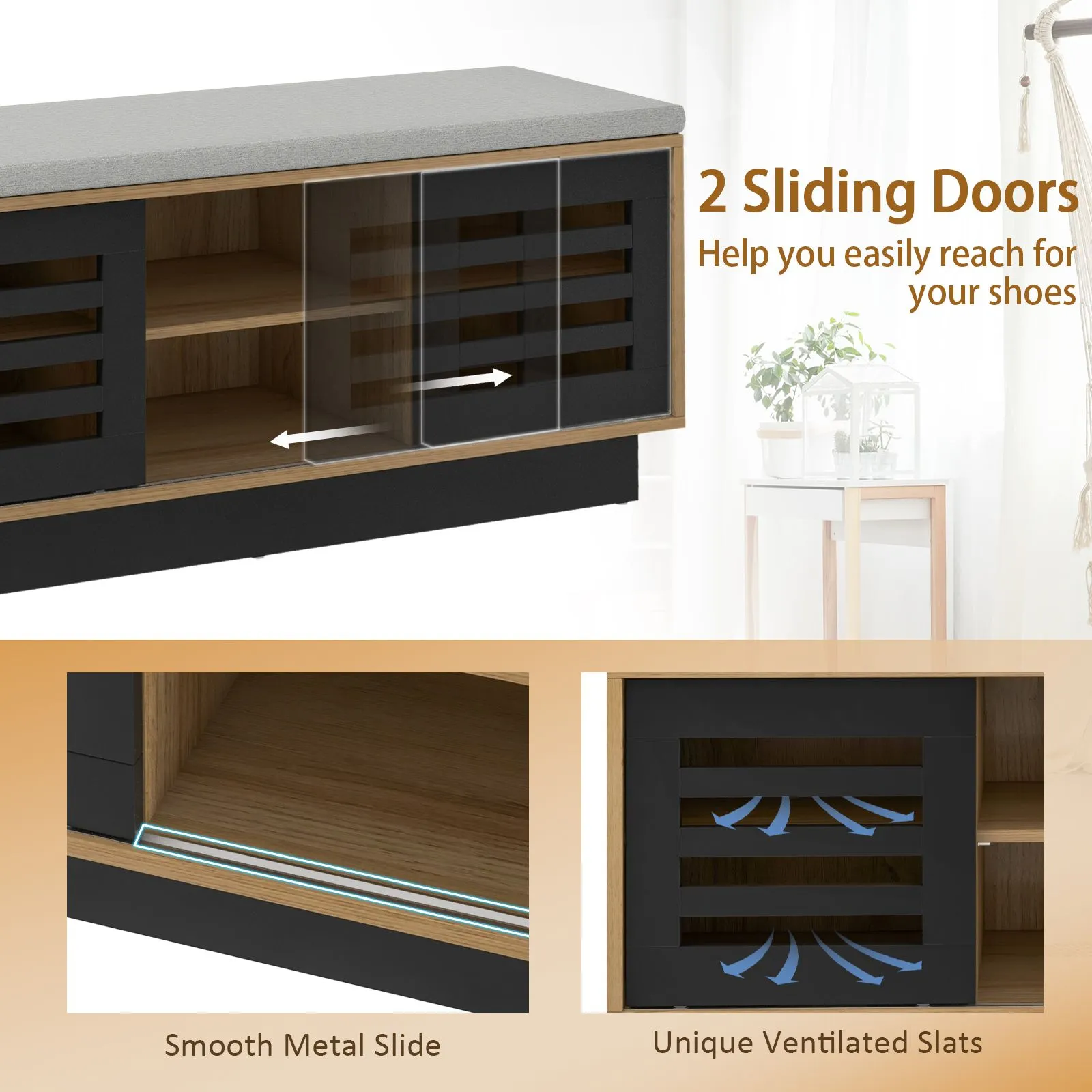 Costway Shoe Rack Storage Bench Organizer W/Cushion Adjustable Shelf Slide Door Natural 5