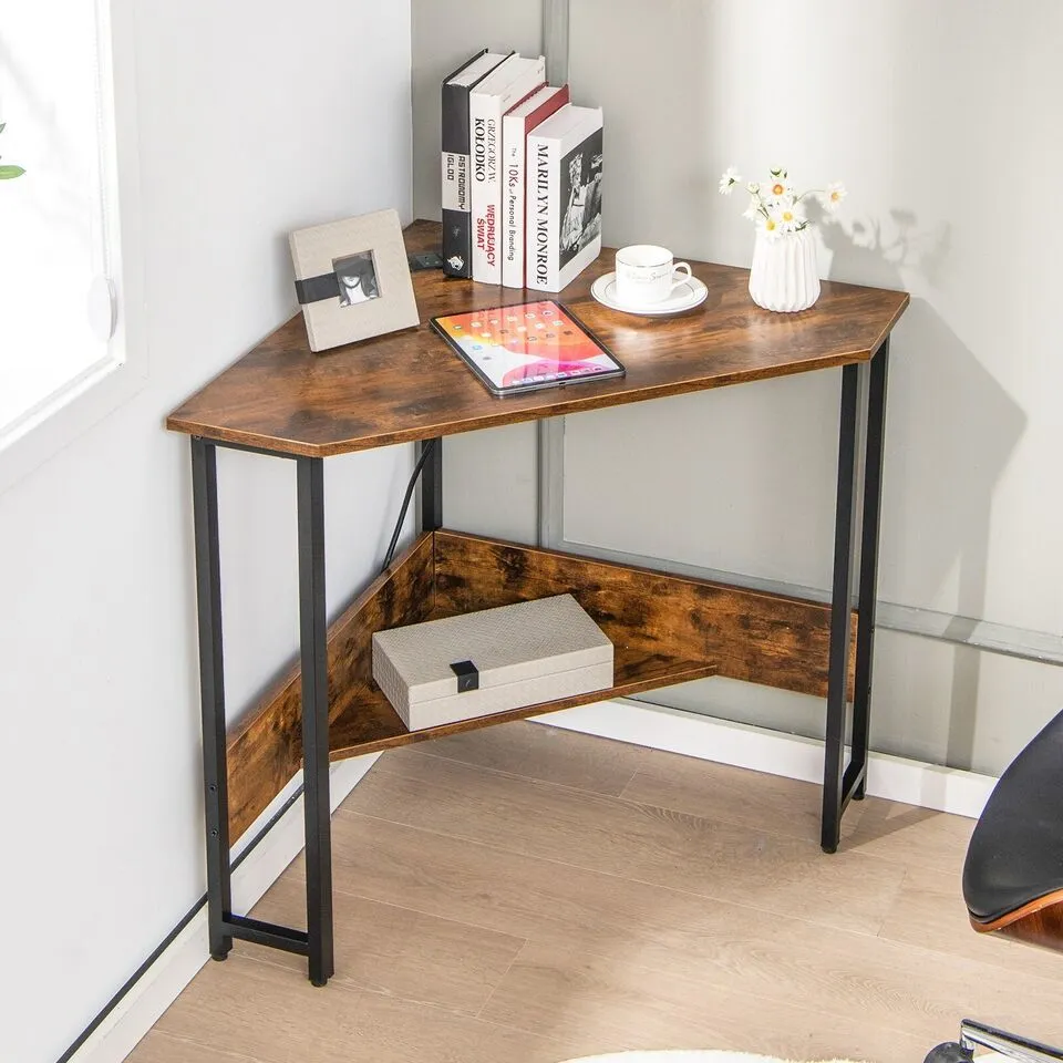 Costway Corner Desk 90-degree Triangle Computer Desk Laptop Desk w/Power Outlet in Brown 6