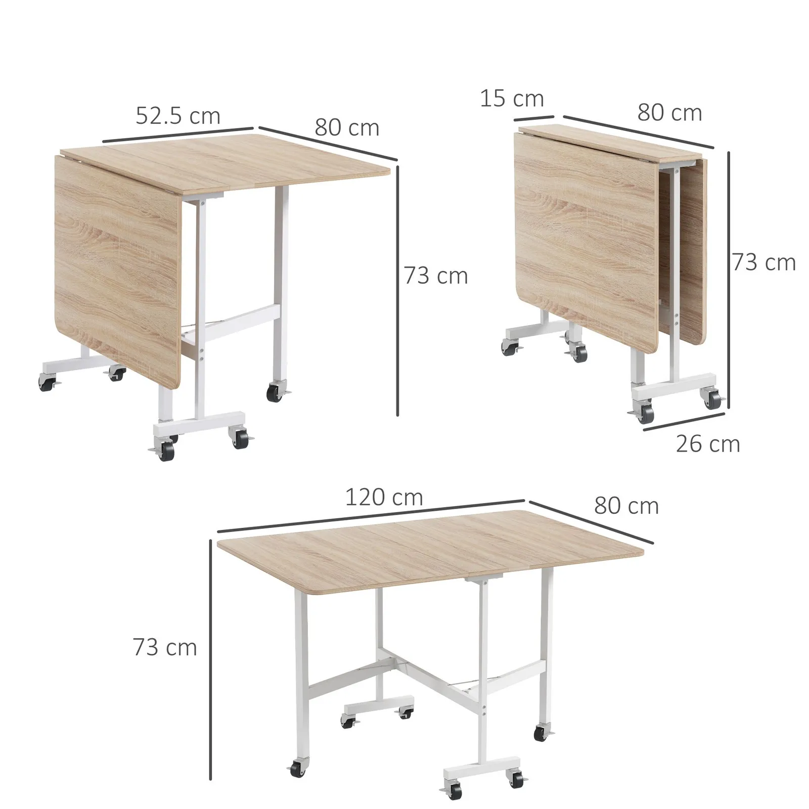 HOMCOM Drop Leaf Table, Folding Dining Table with Metal Frame, Rolling Kitchen Dining Table for Small Spaces, 120cm in Natural 3
