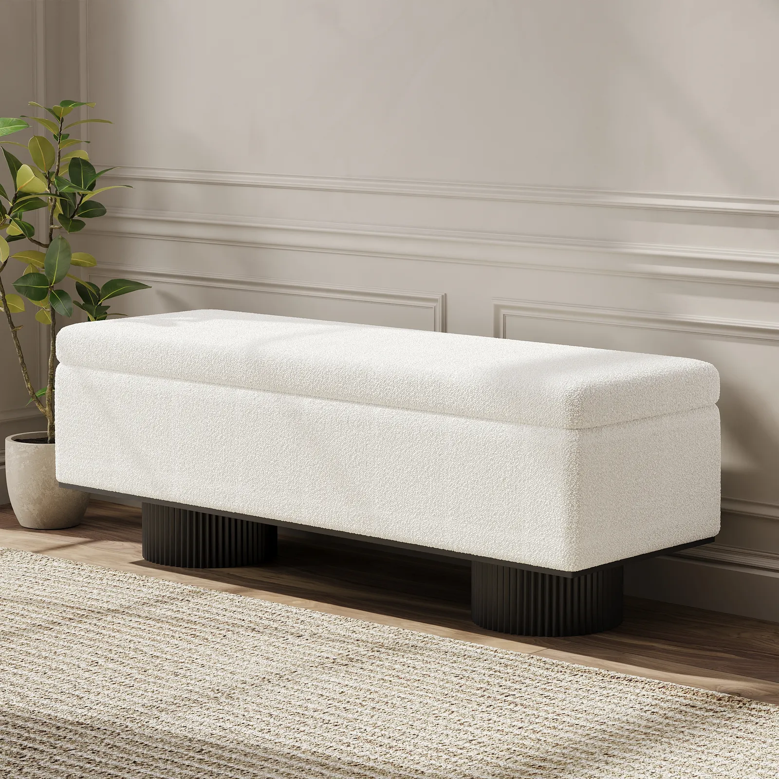 Storage Entryway Bench Boucle & Wood Entryway Furniture in White