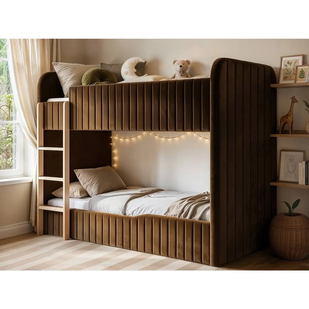 Flair Venna Single Upholstered Bunk Bed with Wooden Ladder in Brown 2