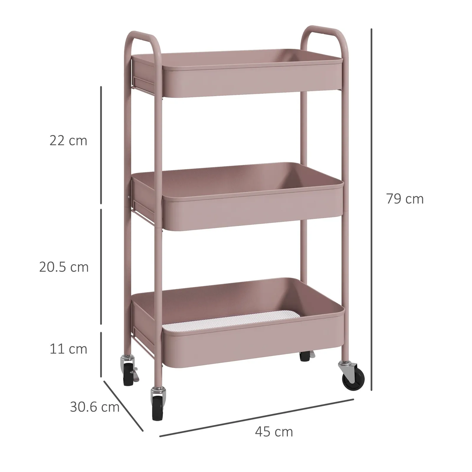 HOMCOM 3 Tier Rolling Utility Cart with 3 Mesh Basket in Pink 3