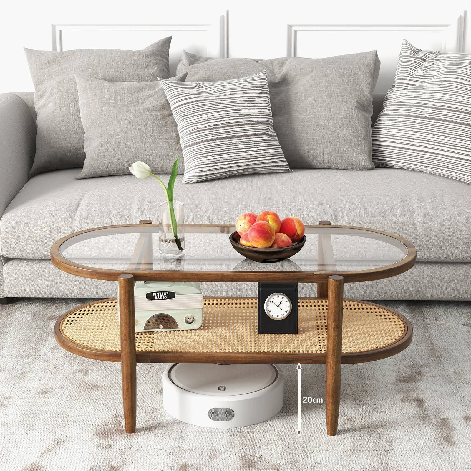 Costway 2-Tier Coffee Table Rattan Center Cocktail Tea Table Tempered Glass Tabletop in Brown 6