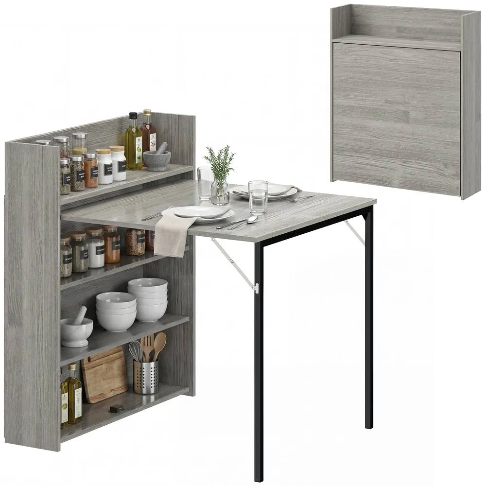 HOMCOM Folding Dining Table, Kitchen Table with Shelves Grey Wood Effect 2
