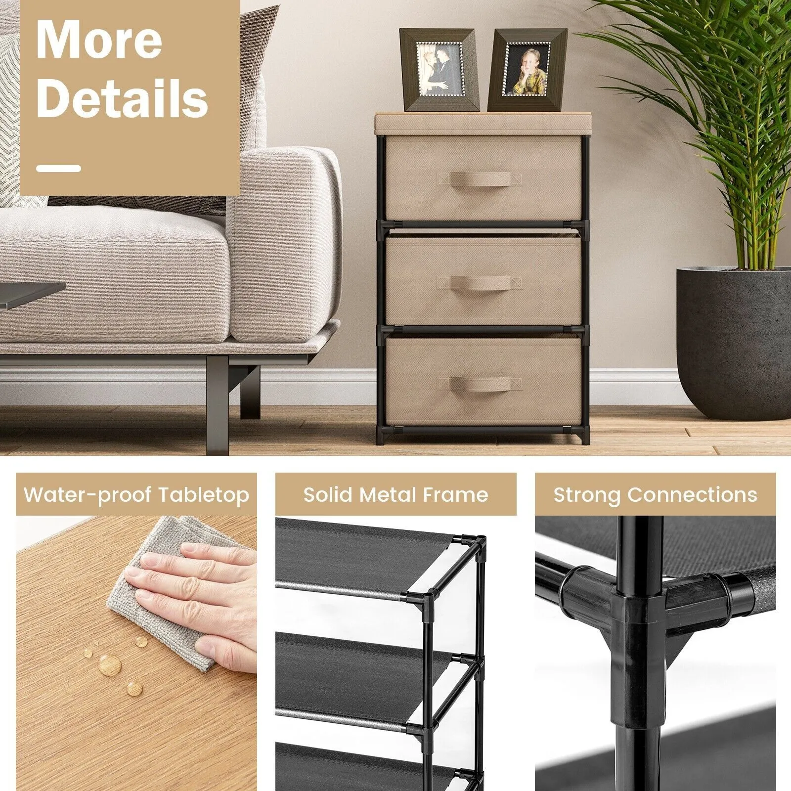 Costway 3 Chests of Drawers 3Tier Nightstand Organizer Fabric Dresser w/ Metal Frame in Brown 6
