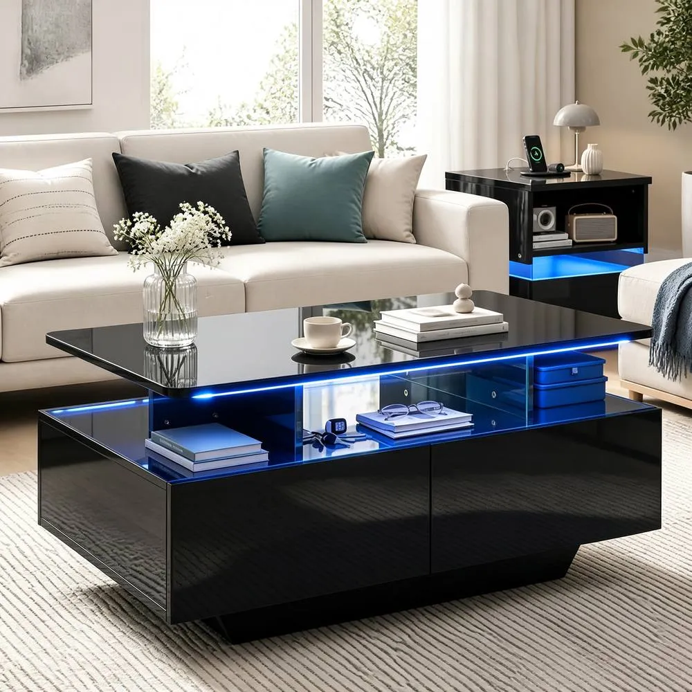 Costway Coffee Table 20-Colour Lighted High Glossy Center Table With 2 Drawers in Black 5