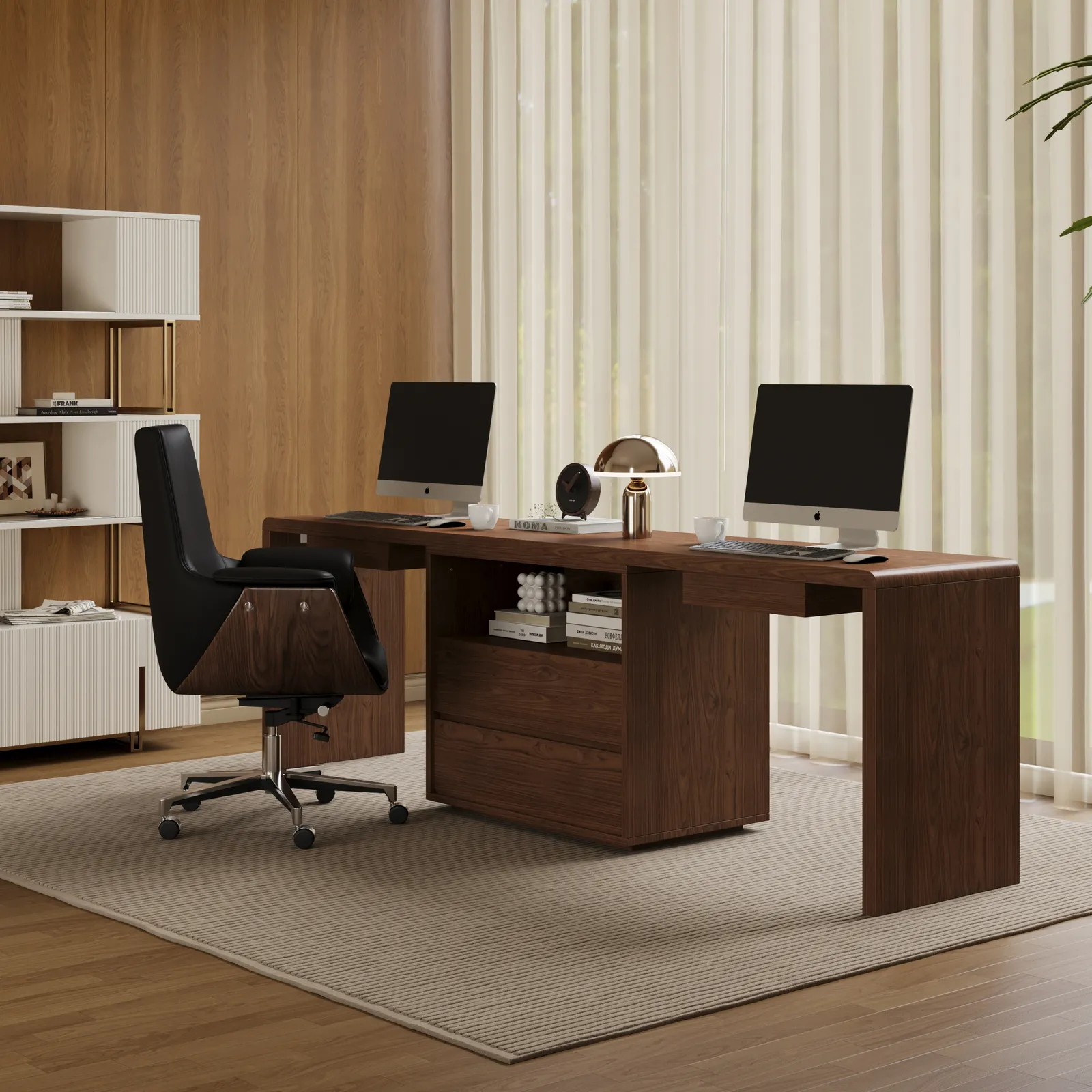 Modern 240 cm Rectangular Brown Double Desk with 4 Drawers & 1 Cabinet, Seats 2