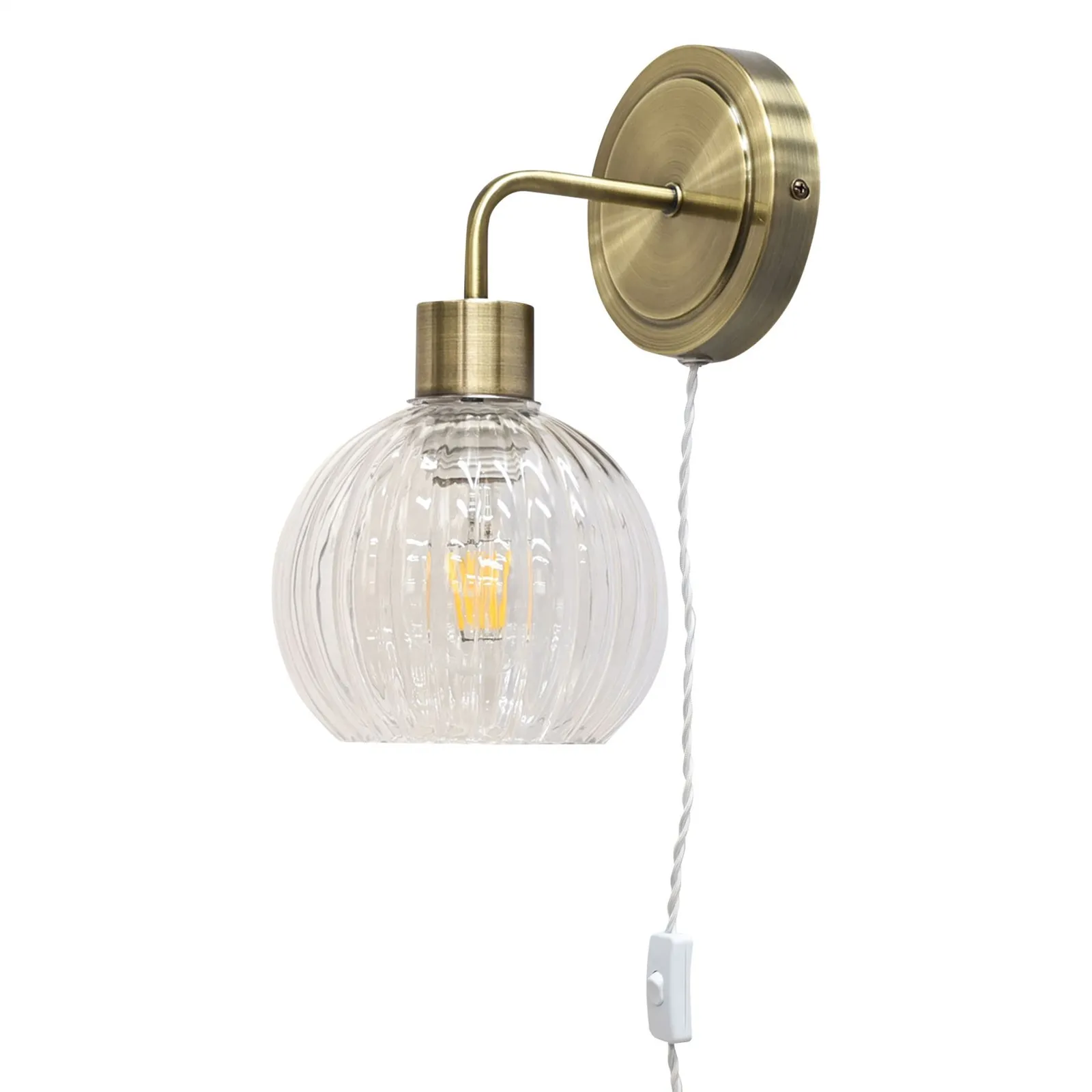 First Choice Lighting Set of 2 Toby - Antique Brass Plug in Wall Lights Clear Globe Shades in Gold 2
