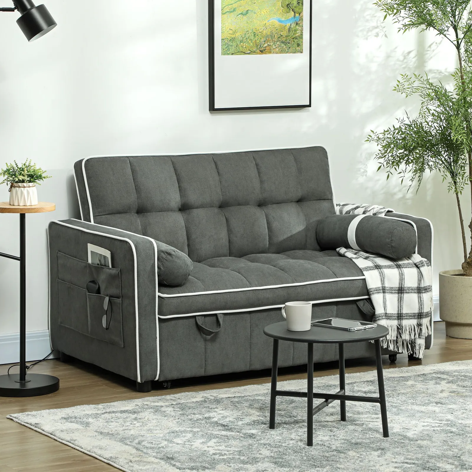 HOMCOM 2 Seater Pull Out Sofa Bed with Adjustable Backrest in Dark Grey 1