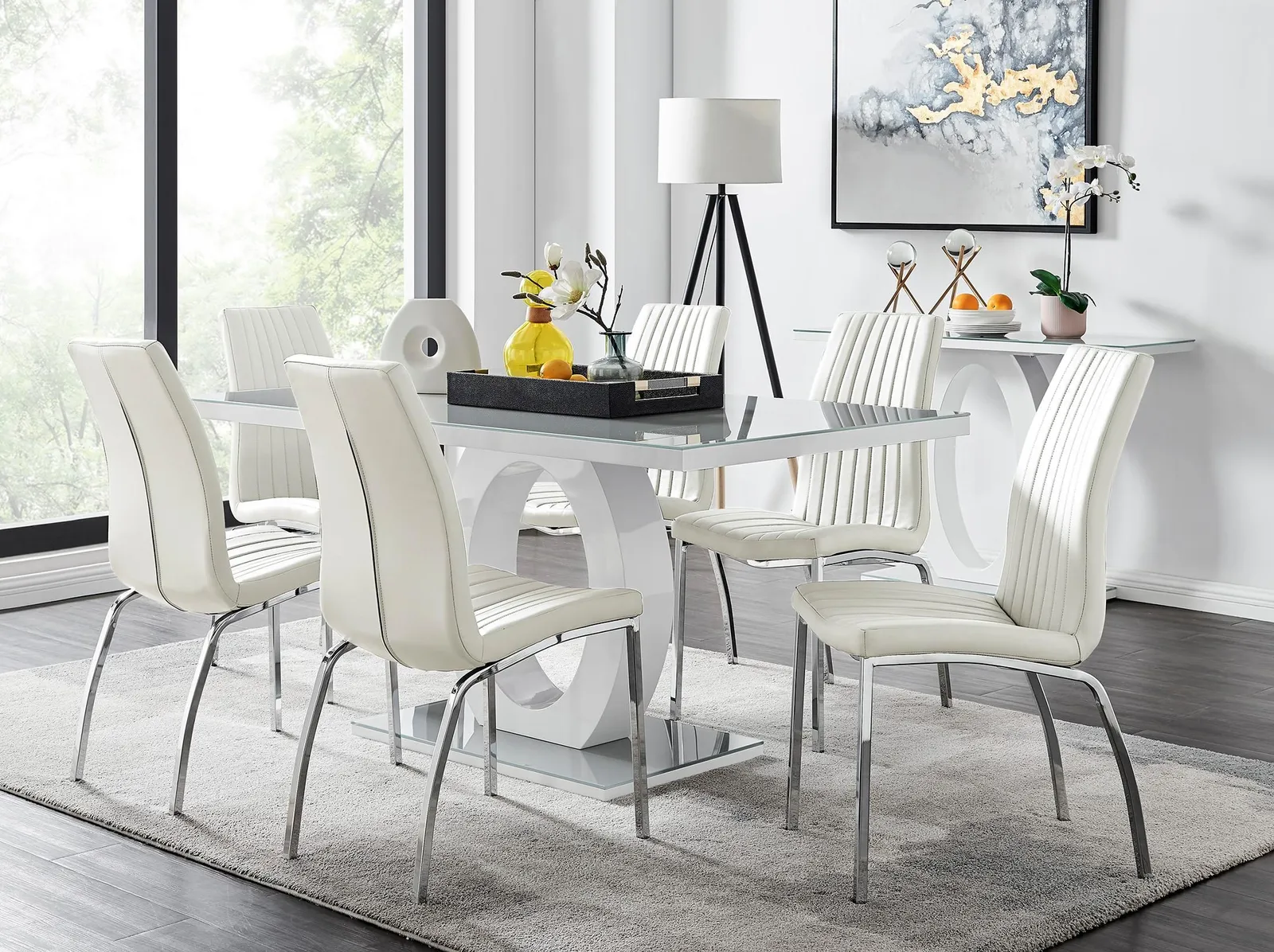 FurnitureboxUK Giovani 6-Seater Grey Glass Dining Table & 6 Isco Faux Leather Dining Chairs in White 1