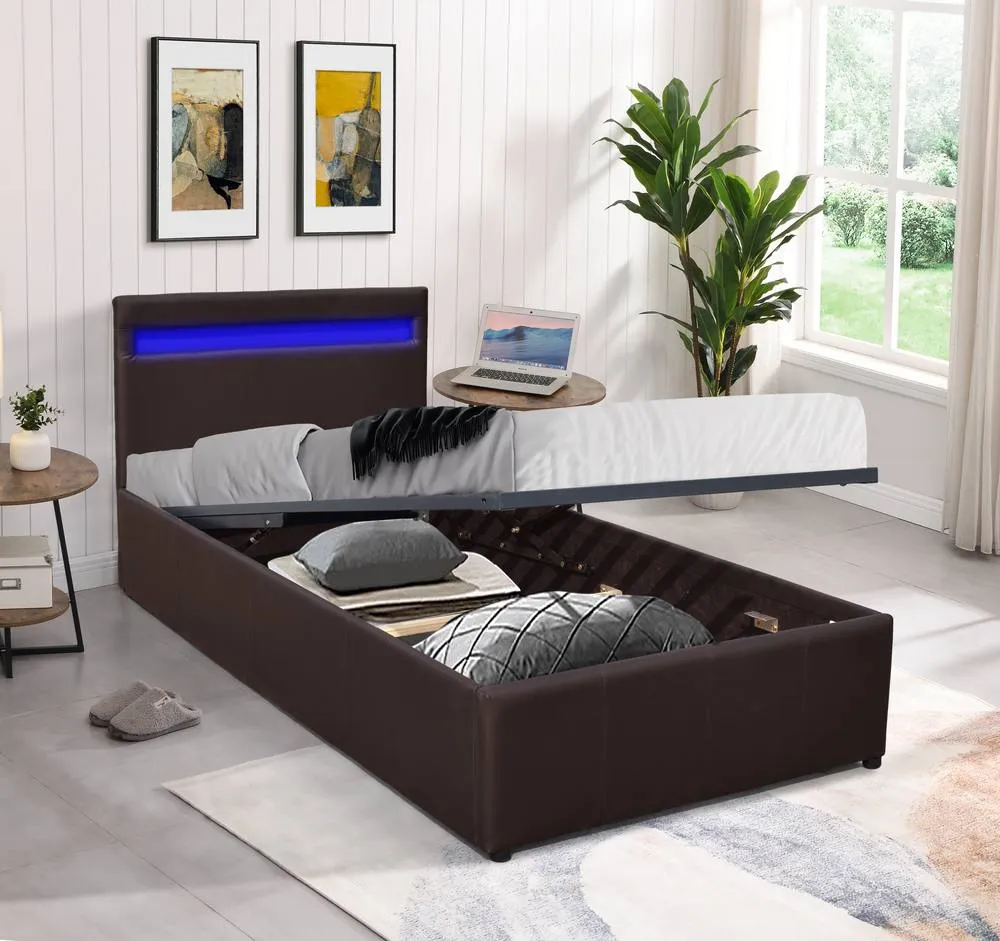 Comfy Living Ltd Faux Leather Modern Gas Lift Ottoman Bed Frame With LED in Dark Brown 2