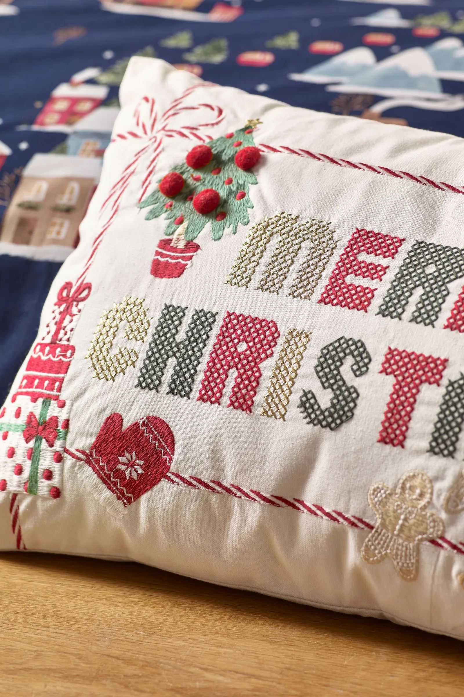 Catherine Lansfield 'Merry Christmas' Cross Stitch Cushion in Natural 2