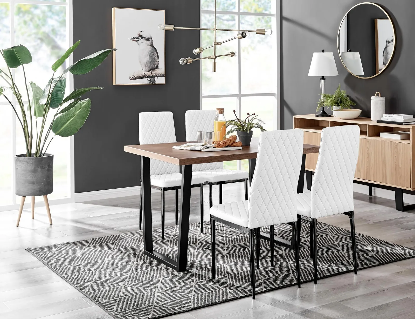 FurnitureboxUK Kylo Brown Wood Effect Dining Table With Black 'U' Legs & 4 Milan Faux Leather Chairs in White 1