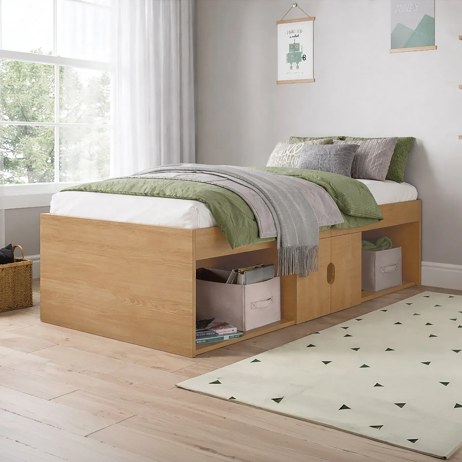 Arctic - Single - Kids Cabin Storage Bed - Oak - Wood - 3ft - Happy Beds 1
