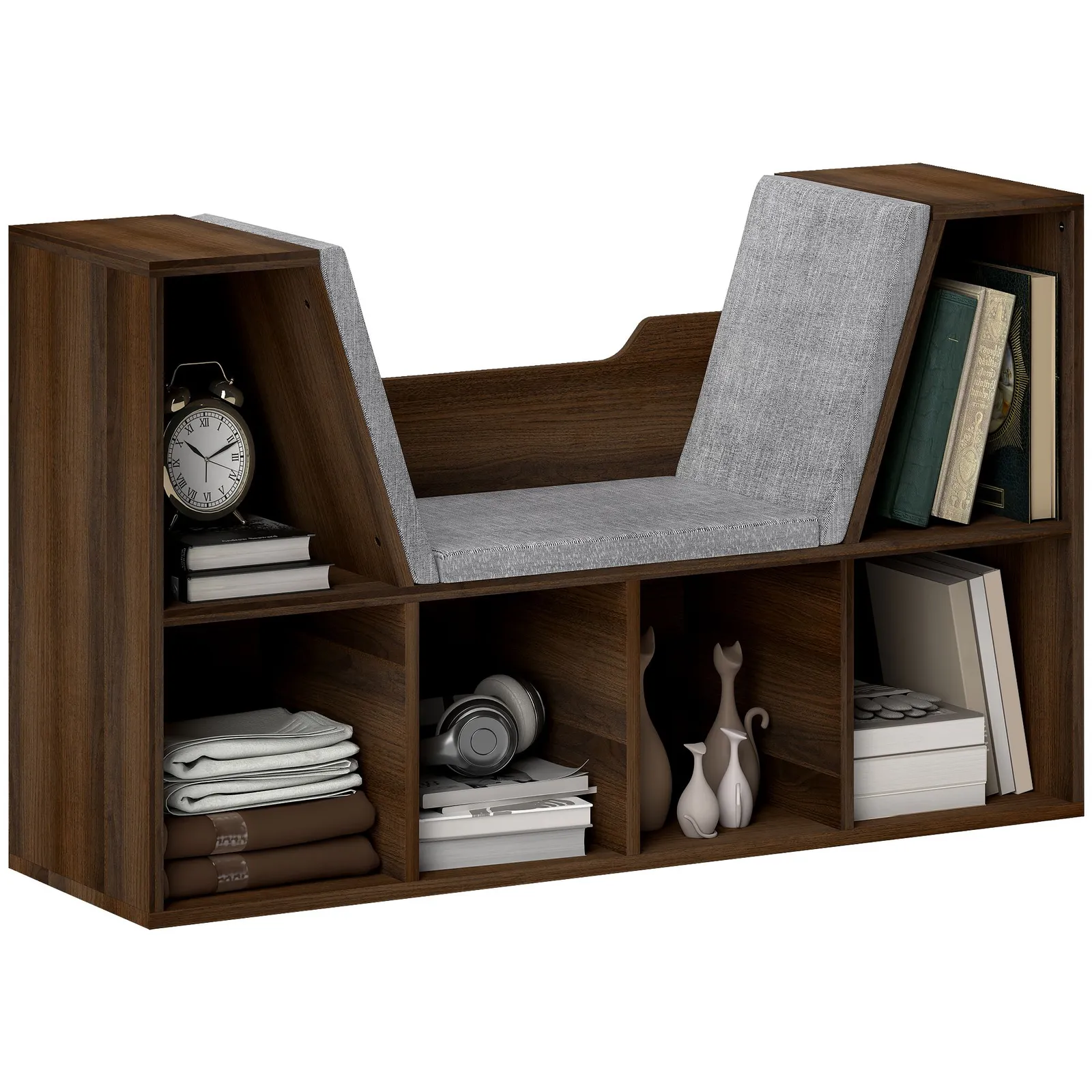 HOMCOM Bookcase Storage Shelf with Cushioned Reading Seat, Six Cubes in Walnut 2